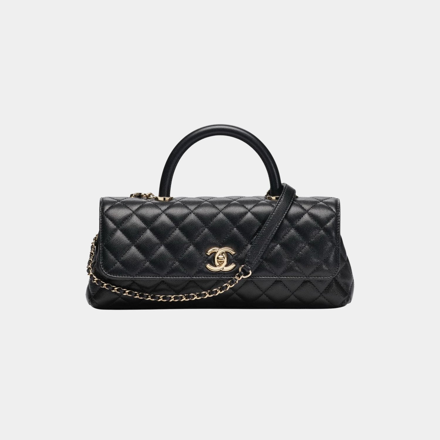 Chanel Maxi Flap Bag With Top Handle Leather &amp; Gold tone Metal, Black , Front