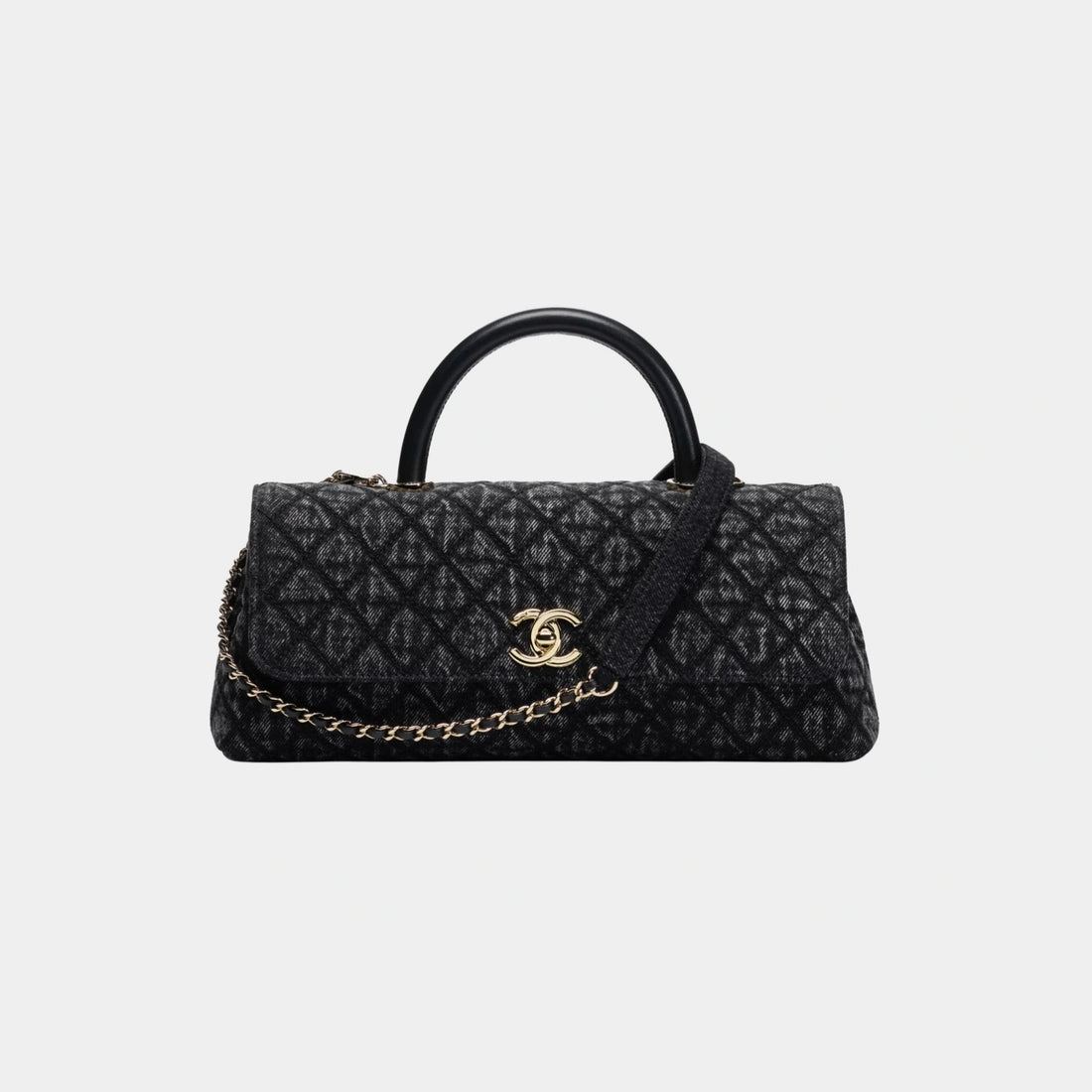 Maxi Flap Bag With Top Handle Washed Denim Calfskin &amp; Gold Tone Black