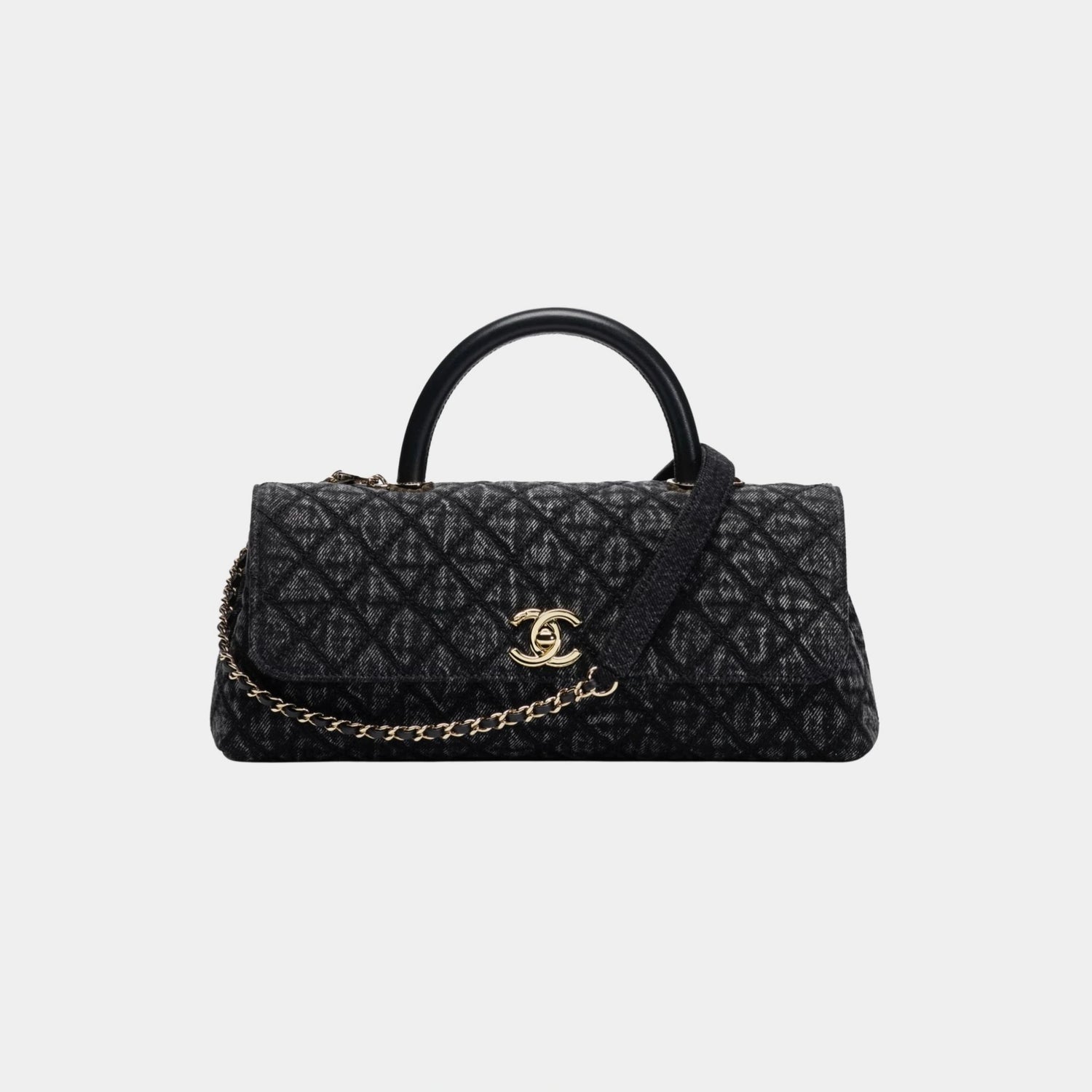 Maxi Flap Bag With Top Handle Washed Denim Calfskin &amp; Gold Tone Black