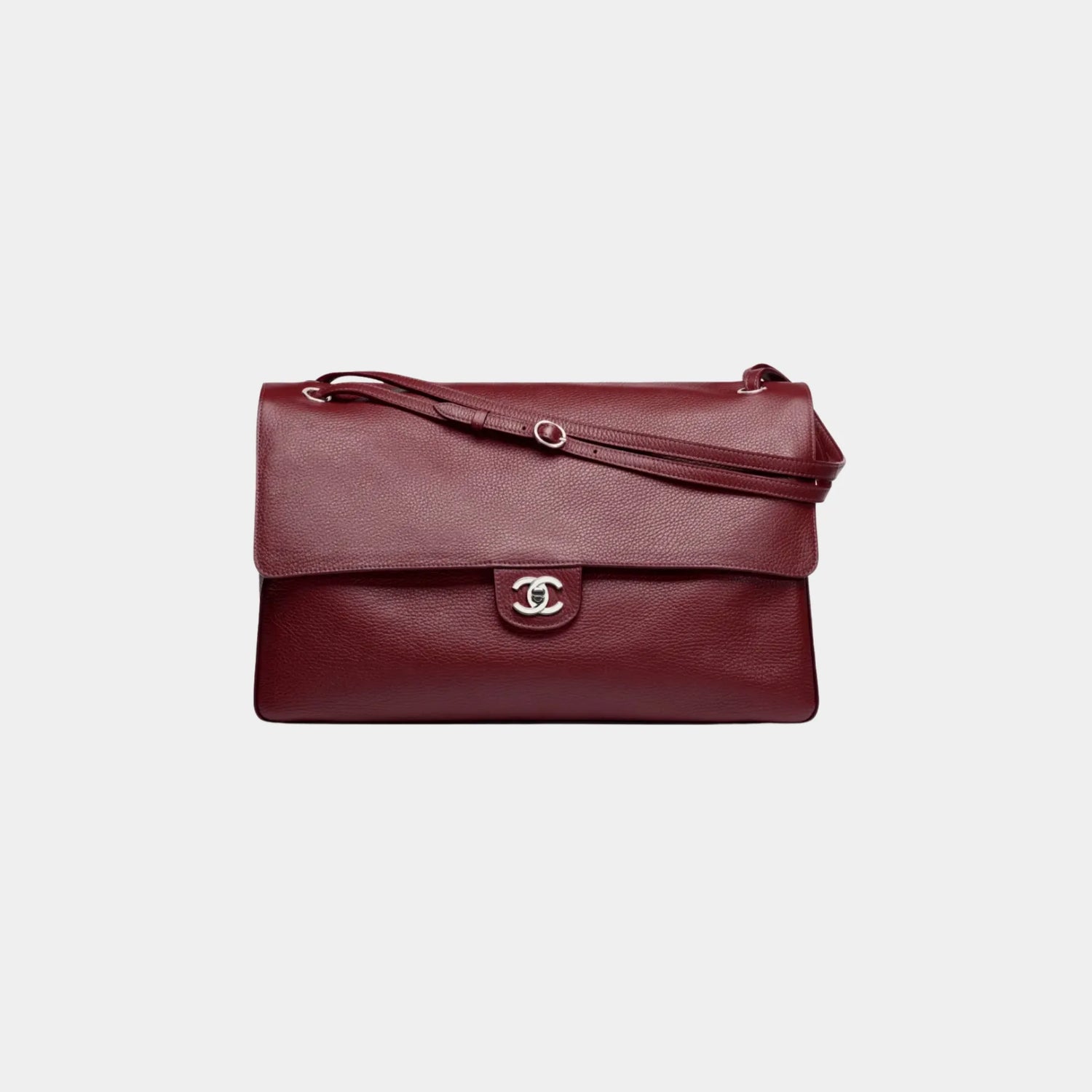 Chanel Maxi Flapbag in Grained Calfskin &amp; Silver Metal, Dark Burgundy, Front