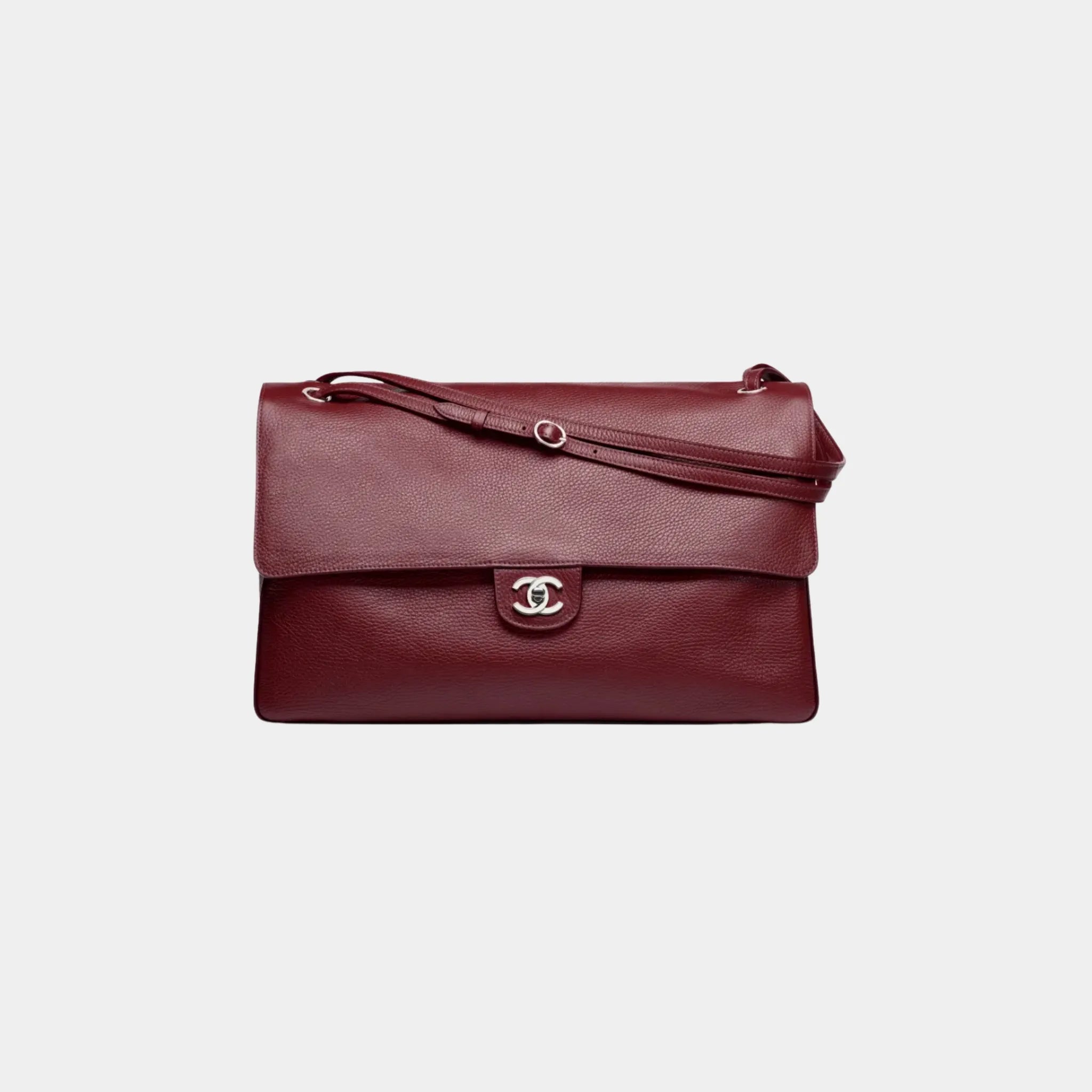 Chanel Maxi Flapbag in Grained Calfskin &amp; Silver Metal, Dark Burgundy, Front