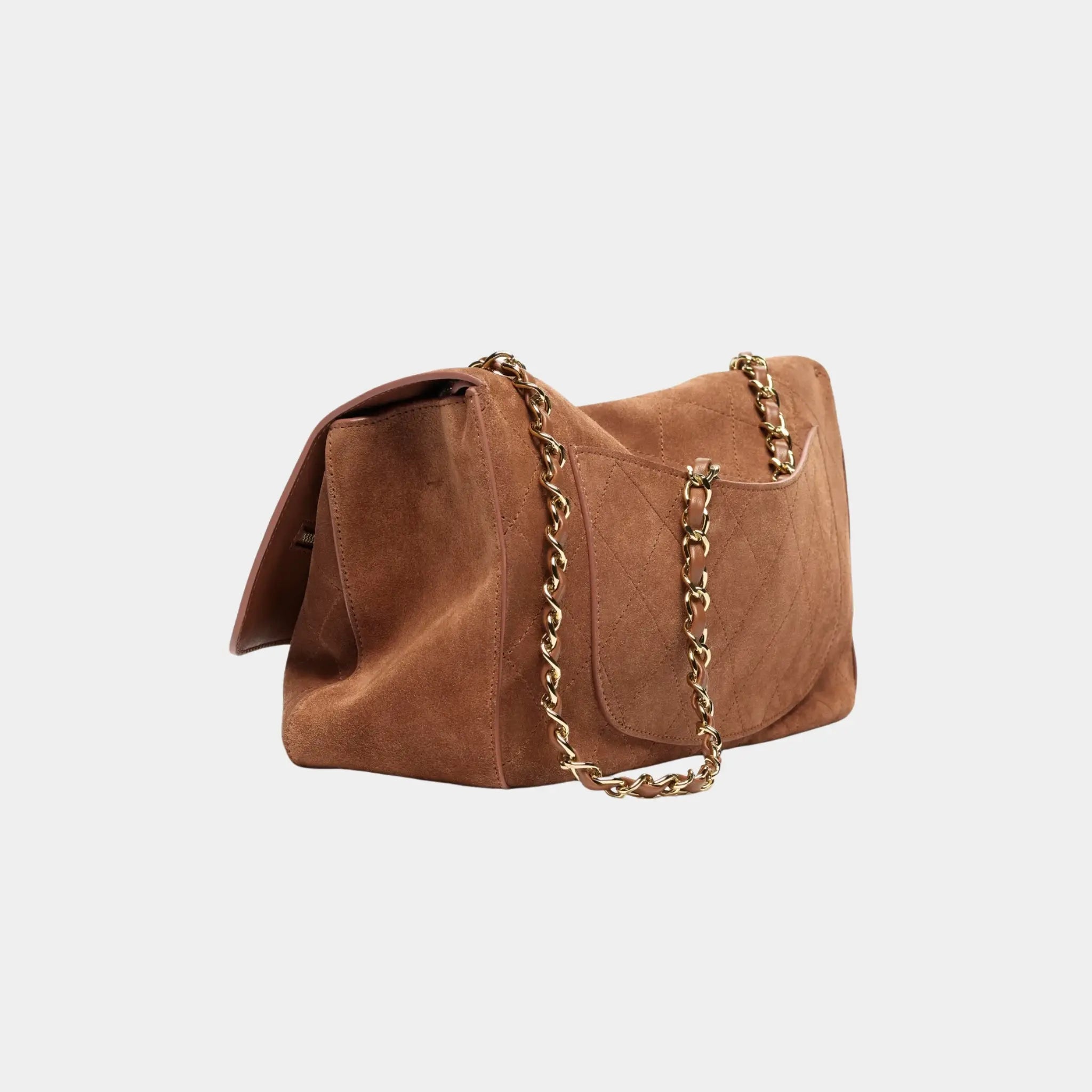Chanel Maxi Flapbag in Suede Calfskin &amp; Gold-Tone Metal, Camel, Back