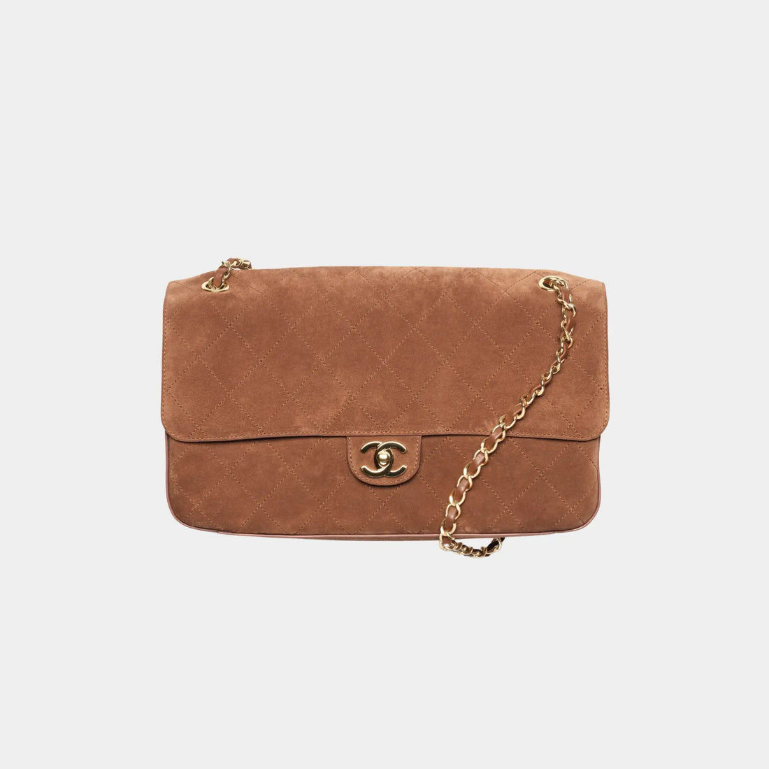 Chanel Maxi Flapbag in Suede Calfskin & Gold-Tone Metal, Camel, Front