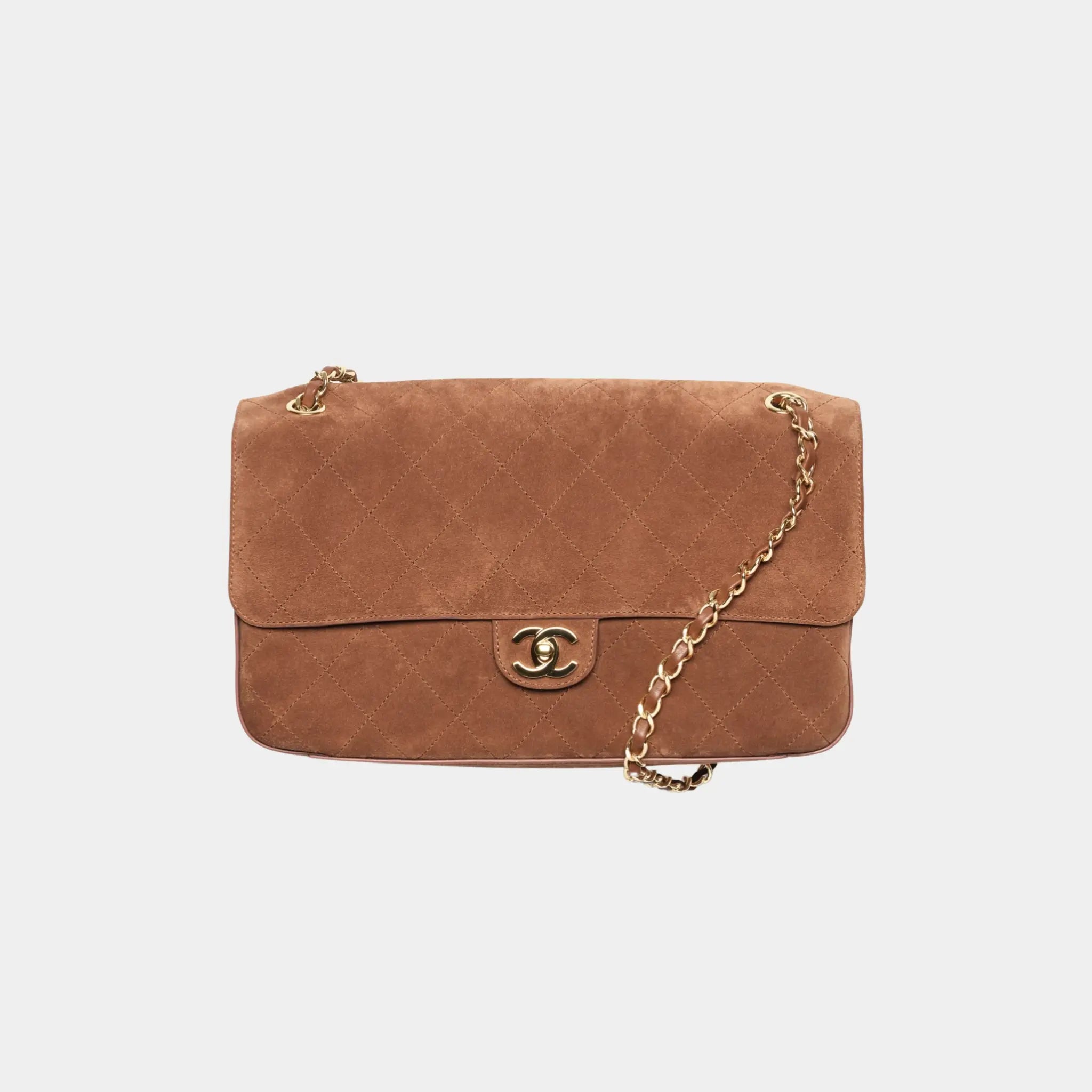 Chanel Maxi Flapbag in Suede Calfskin &amp; Gold-Tone Metal, Camel, Front