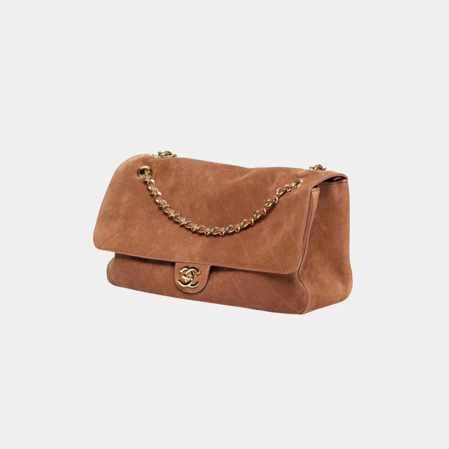 Chanel Maxi Flapbag in Suede Calfskin &amp; Gold-Tone Metal, Camel, Side