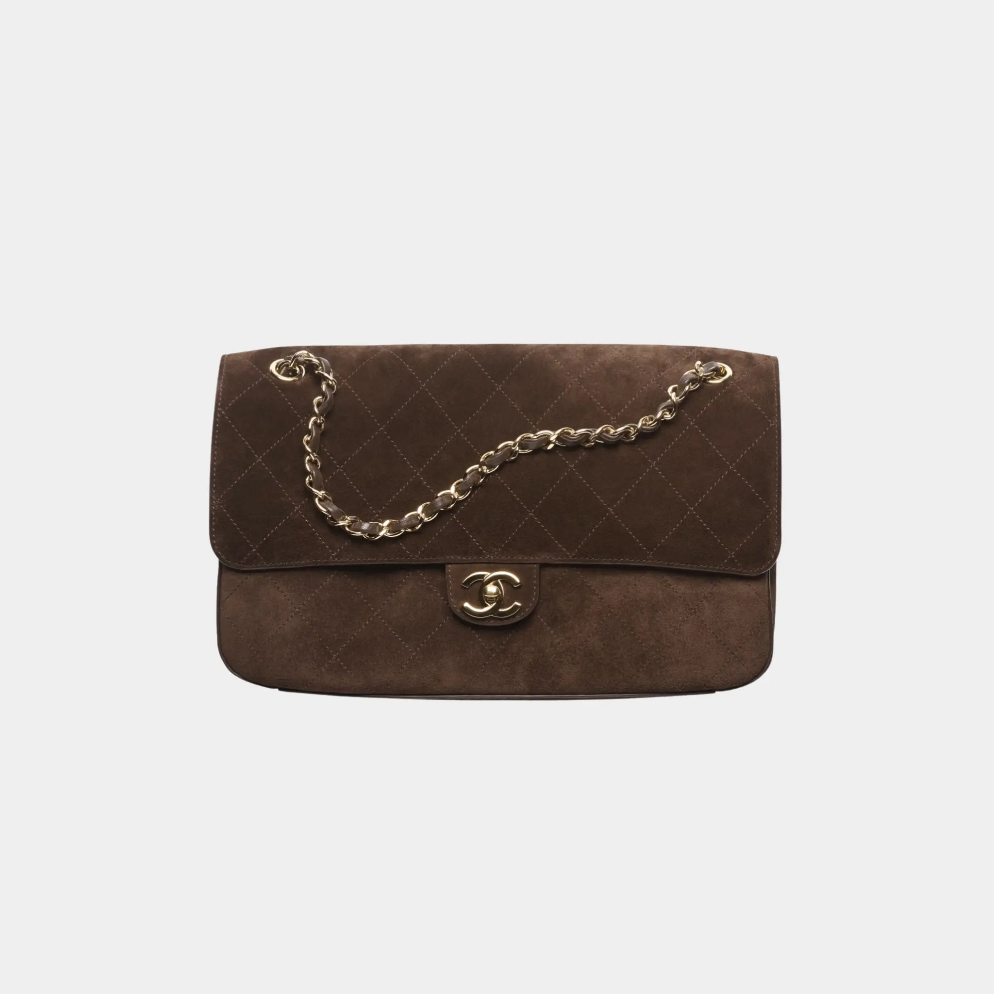 Chanel Maxi Flapbag in Suede Calfskin &amp; Gold-Tone Metal, Dark Brown, Front