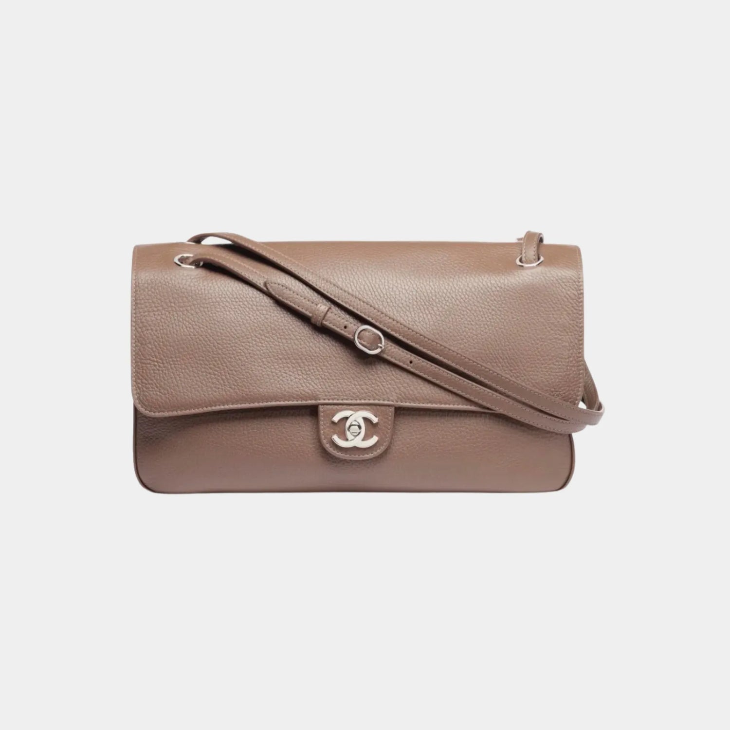 Chanel Maxi Flapbag in Silver Metal &amp; Grained Calfskin, Light Brown, Front