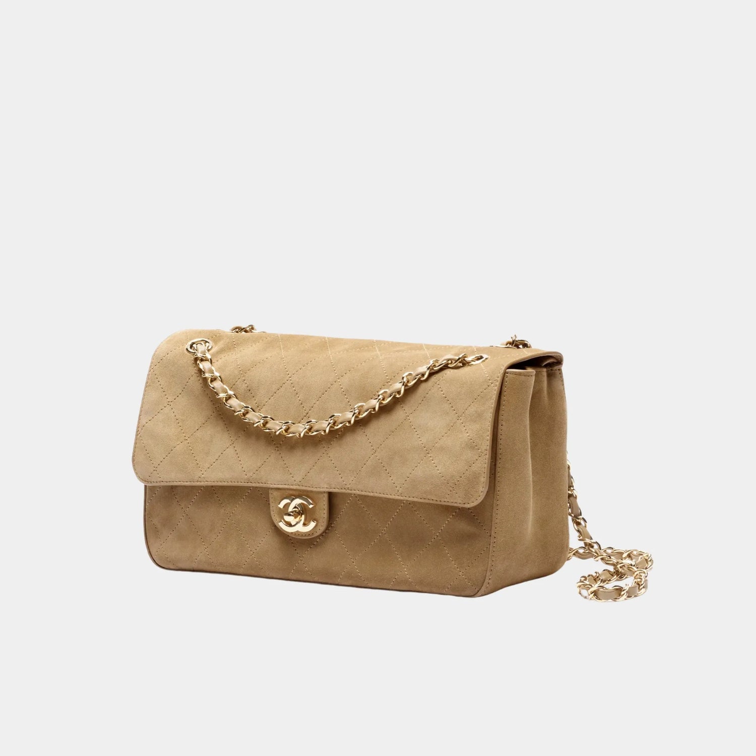 Chanel Maxi Flapbag in Suede Calfskin &amp; Gold Metal, Dark Beige, Front