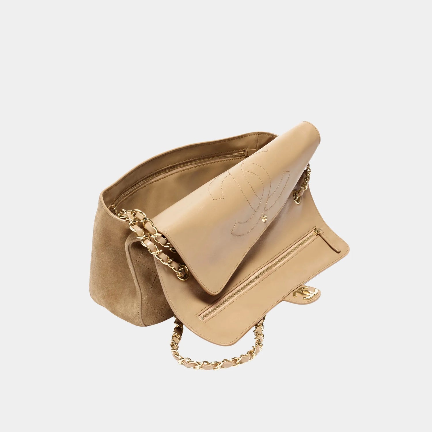 Chanel Maxi Flapbag in Suede Calfskin &amp; Gold Metal, Dark Beige, Inside