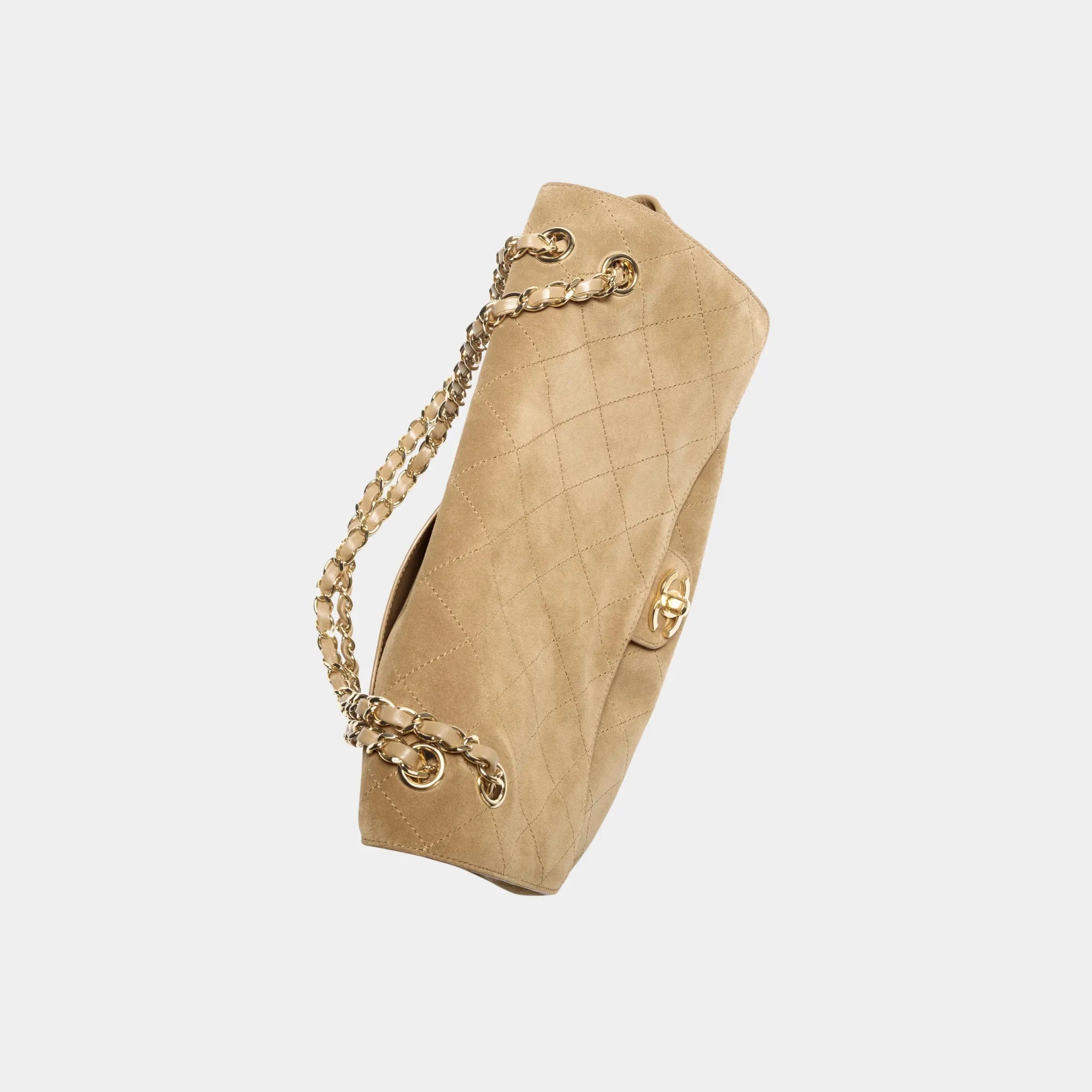 Chanel Maxi Flapbag in Suede Calfskin &amp; Gold Metal, Dark Beige, Top
