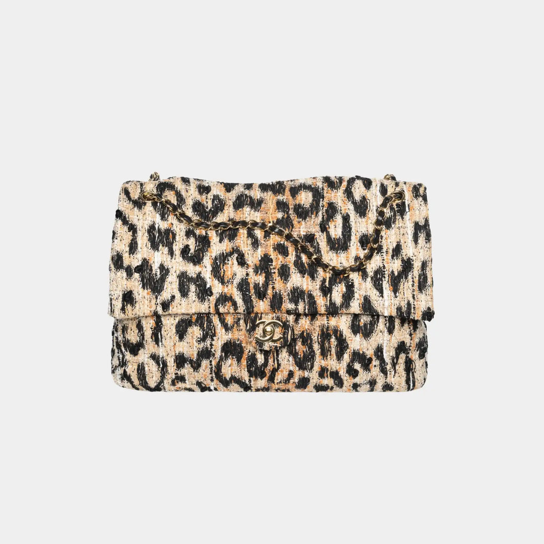 Chanel Maxi Flapbag in Tweed & Mixed Fibers with Leopard Motif, Front