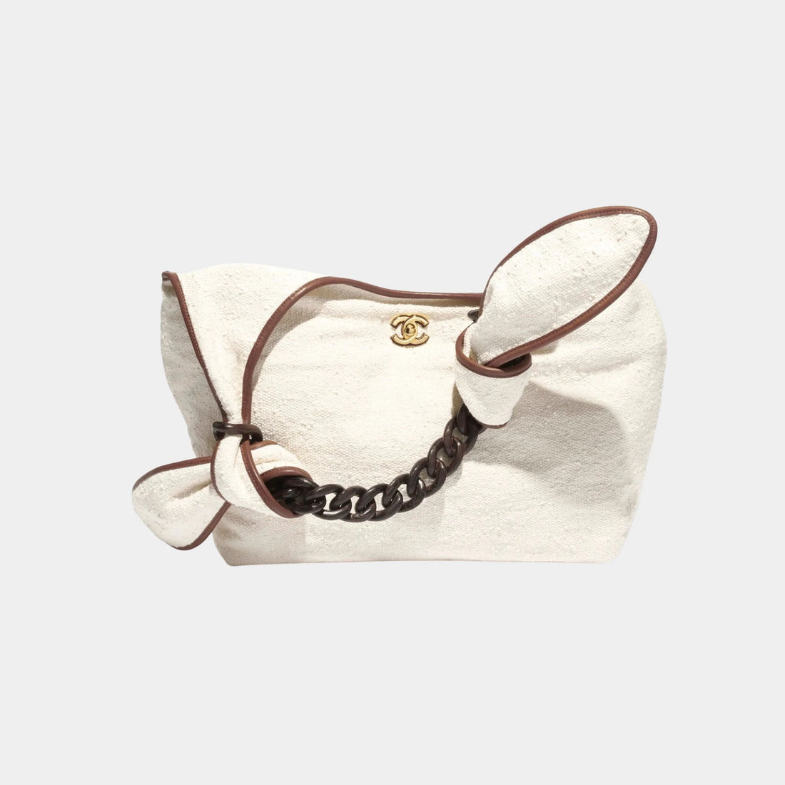 Chanel Maxi Hob Bag Canvas Calfskin Wood &amp; Gilded Metal Ecru &amp; Camel
