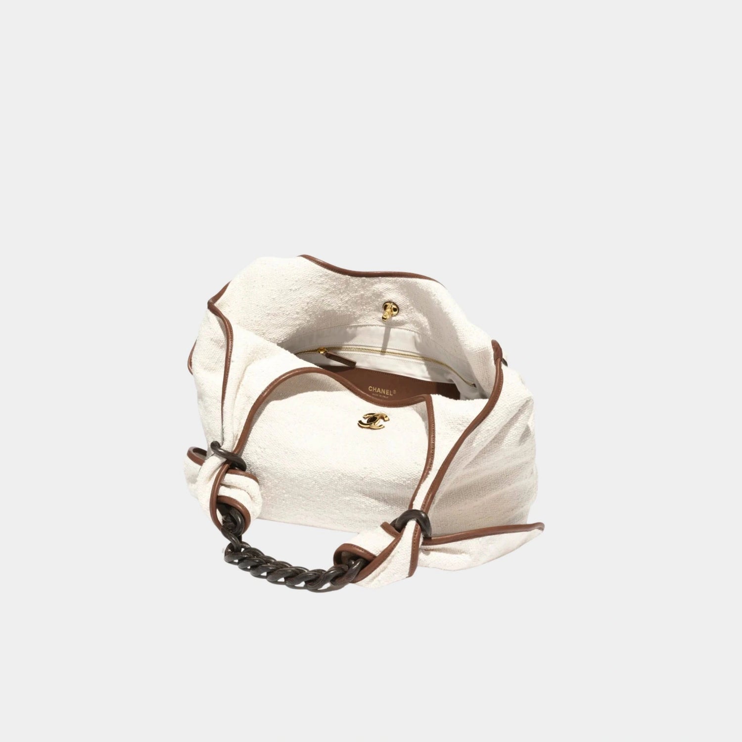 Chanel Maxi Hob Bag Canvas Calfskin Wood &amp; Gilded Metal Ecru &amp; Camel