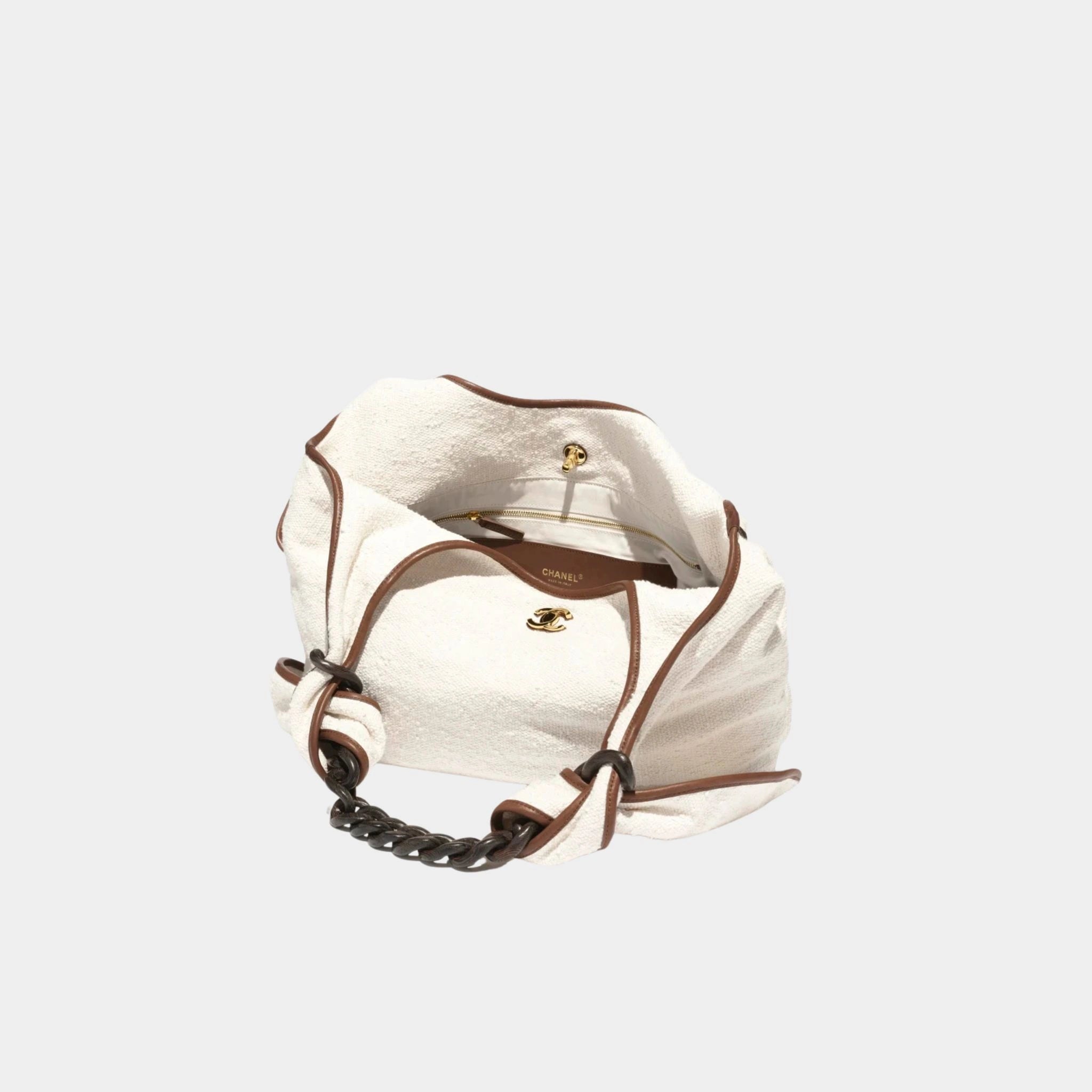 Chanel Maxi Hob Bag Canvas Calfskin Wood &amp; Gilded Metal Ecru &amp; Camel