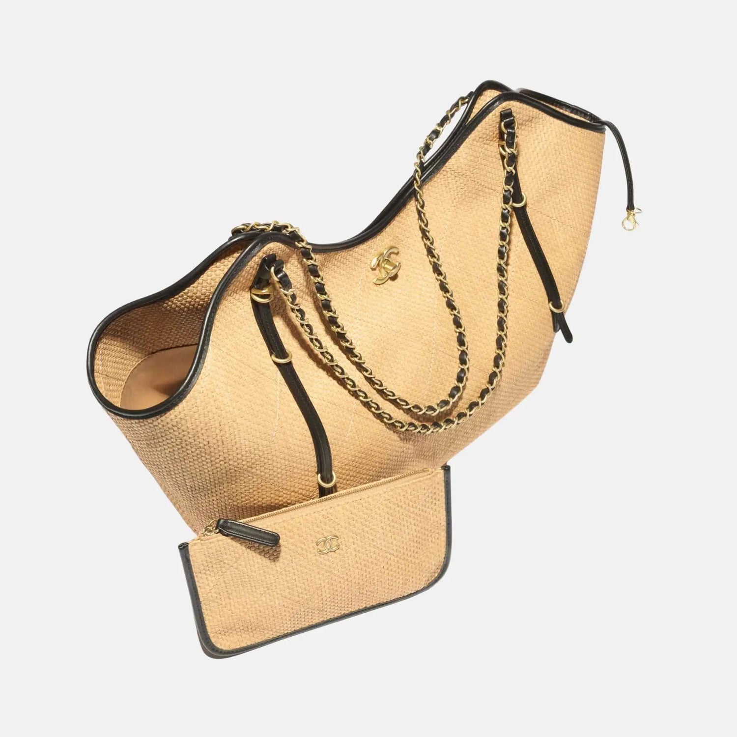 Chanel Maxi Shopping Bag Braided Raffia Calfskin Gold Tone Metal, Beige, Close