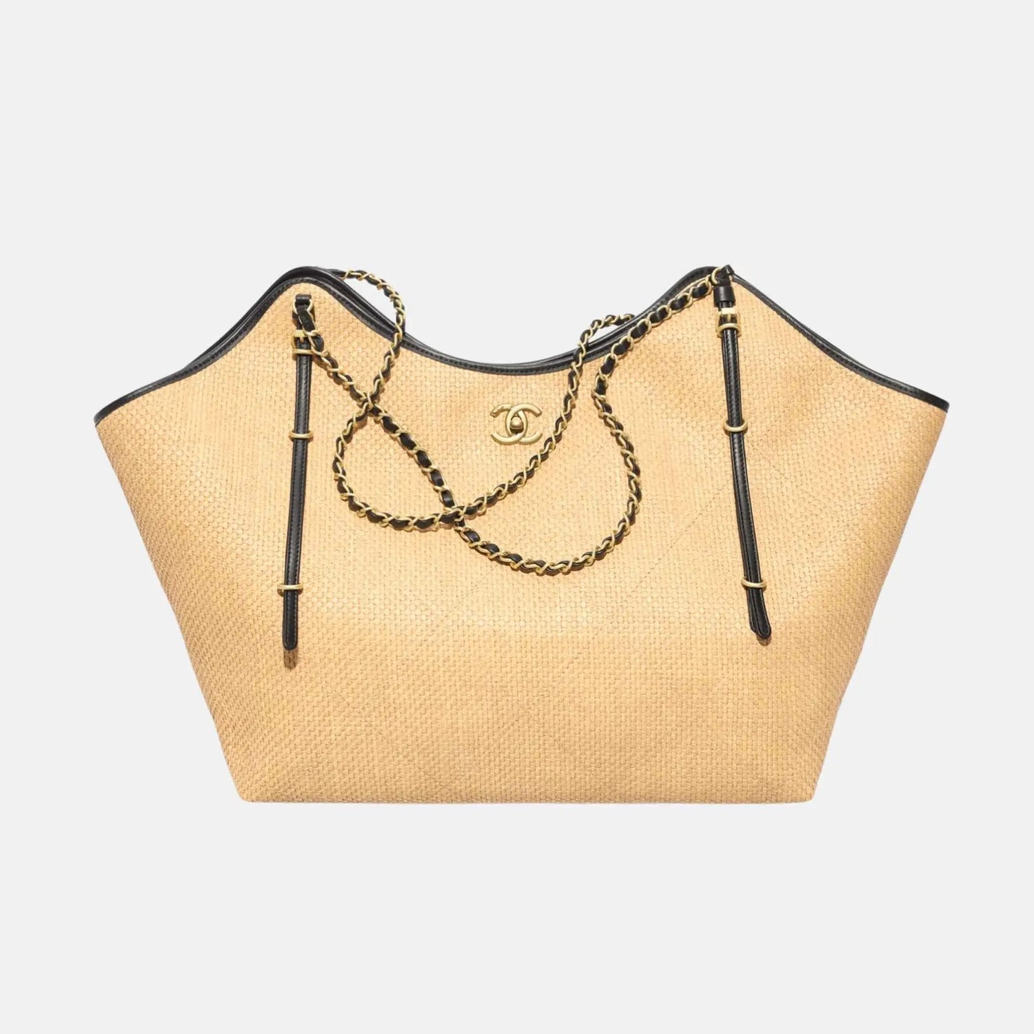 Chanel Maxi Shopping Bag Braided Raffia Calfskin Gold Tone Metal, Beige, Front