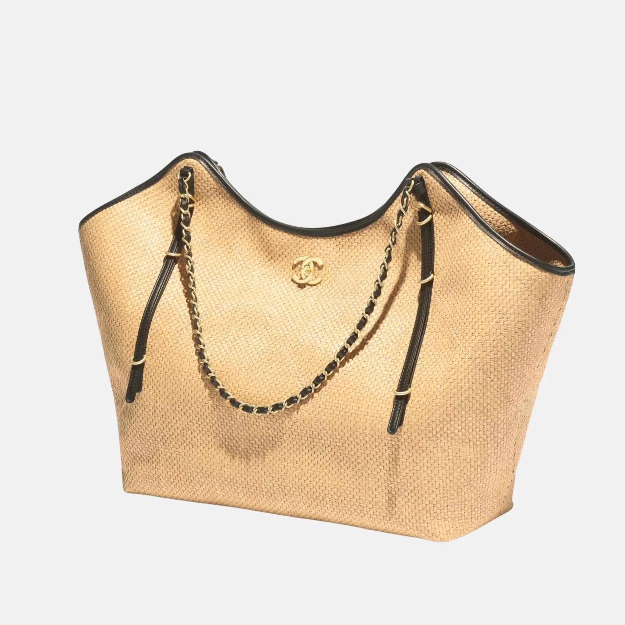 Chanel Maxi Shopping Bag Braided Raffia Calfskin Gold Tone Metal, Beige, Side