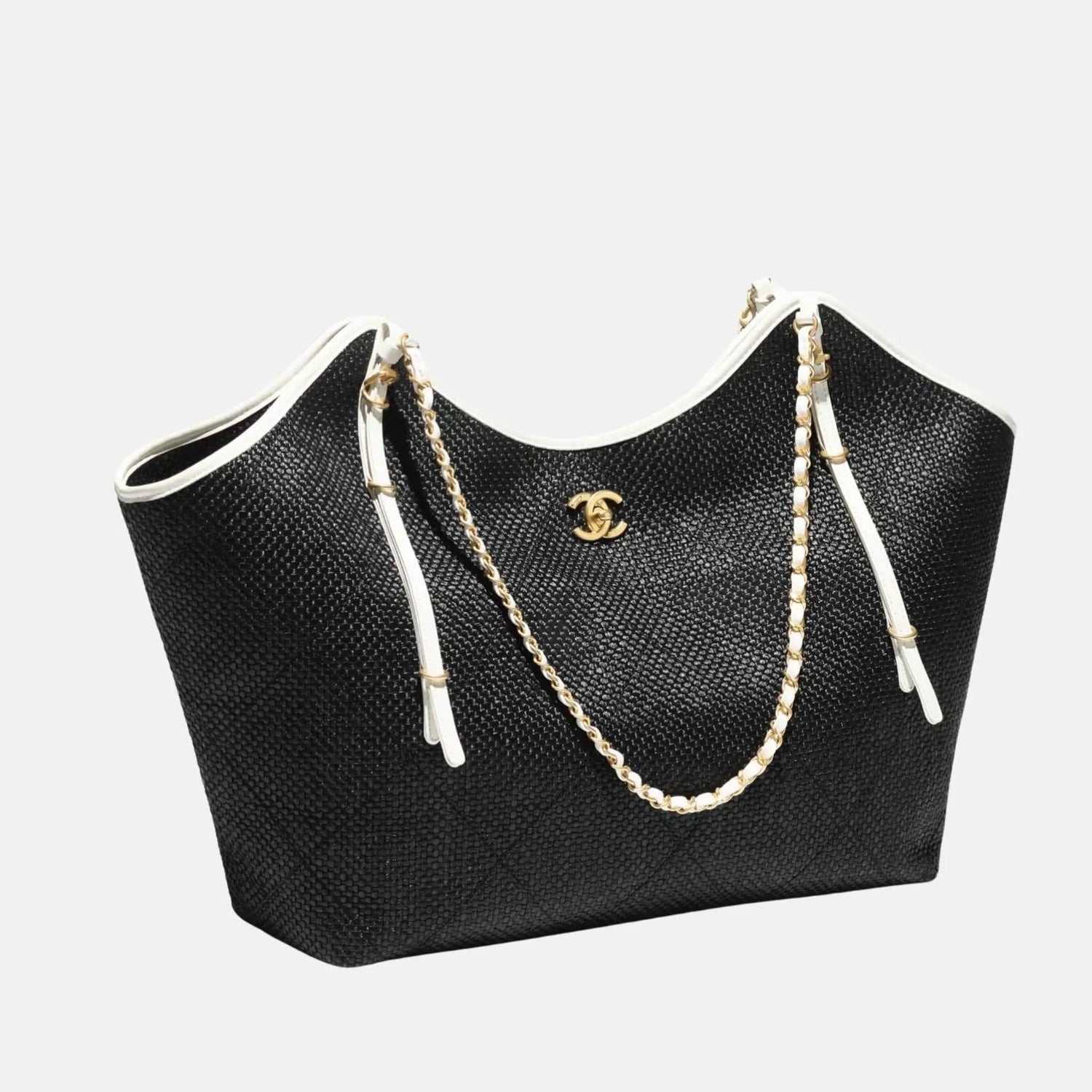 Chanel Maxi Shopping Bag Braided Raffia Calfskin Gold Tone Metal, Black, Side