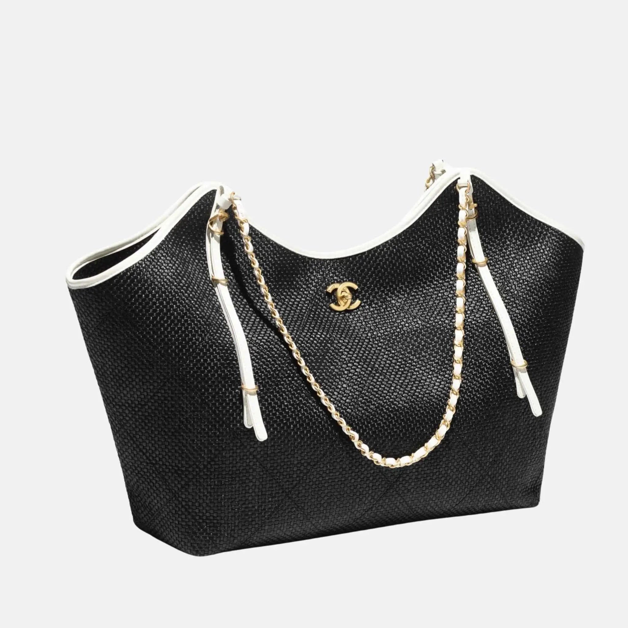 Chanel Maxi Shopping Bag Braided Raffia Calfskin Gold Tone Metal, Black, Side