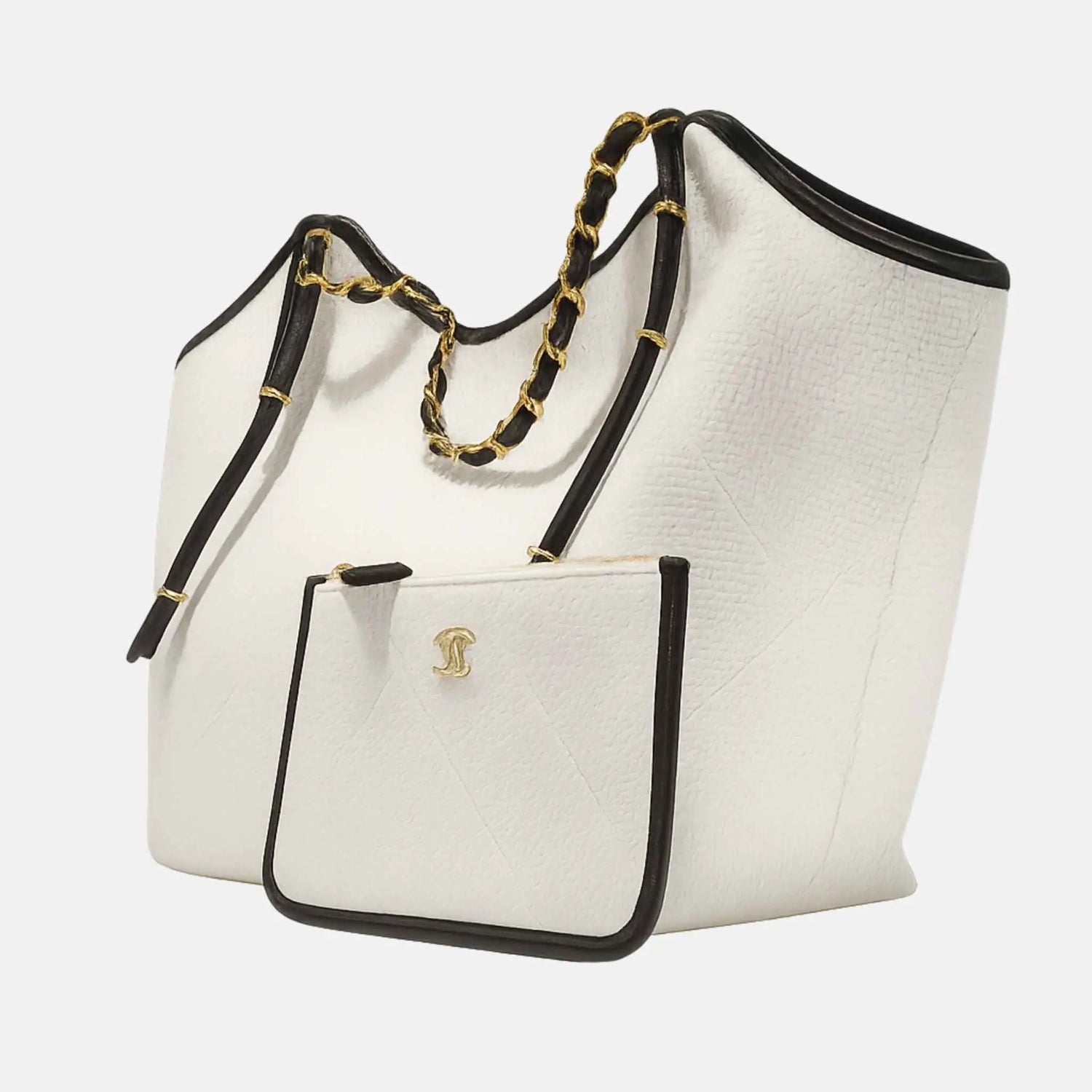 Chanel Maxi Shopping Bag Braided Raffia Calfskin Gold Tone Metal, White, Close