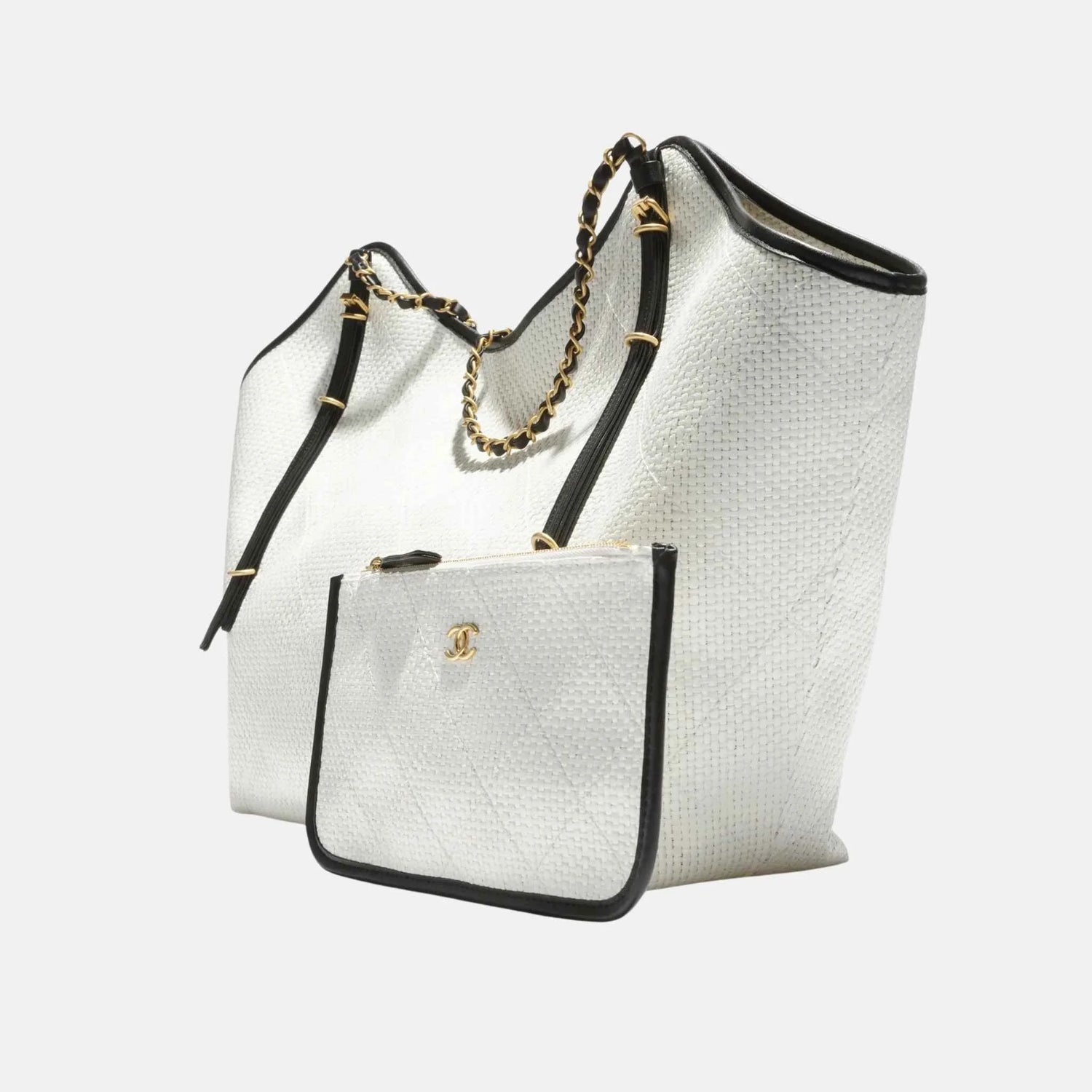 Chanel Maxi Shopping Bag Braided Raffia Calfskin Gold Tone Metal, White, Side