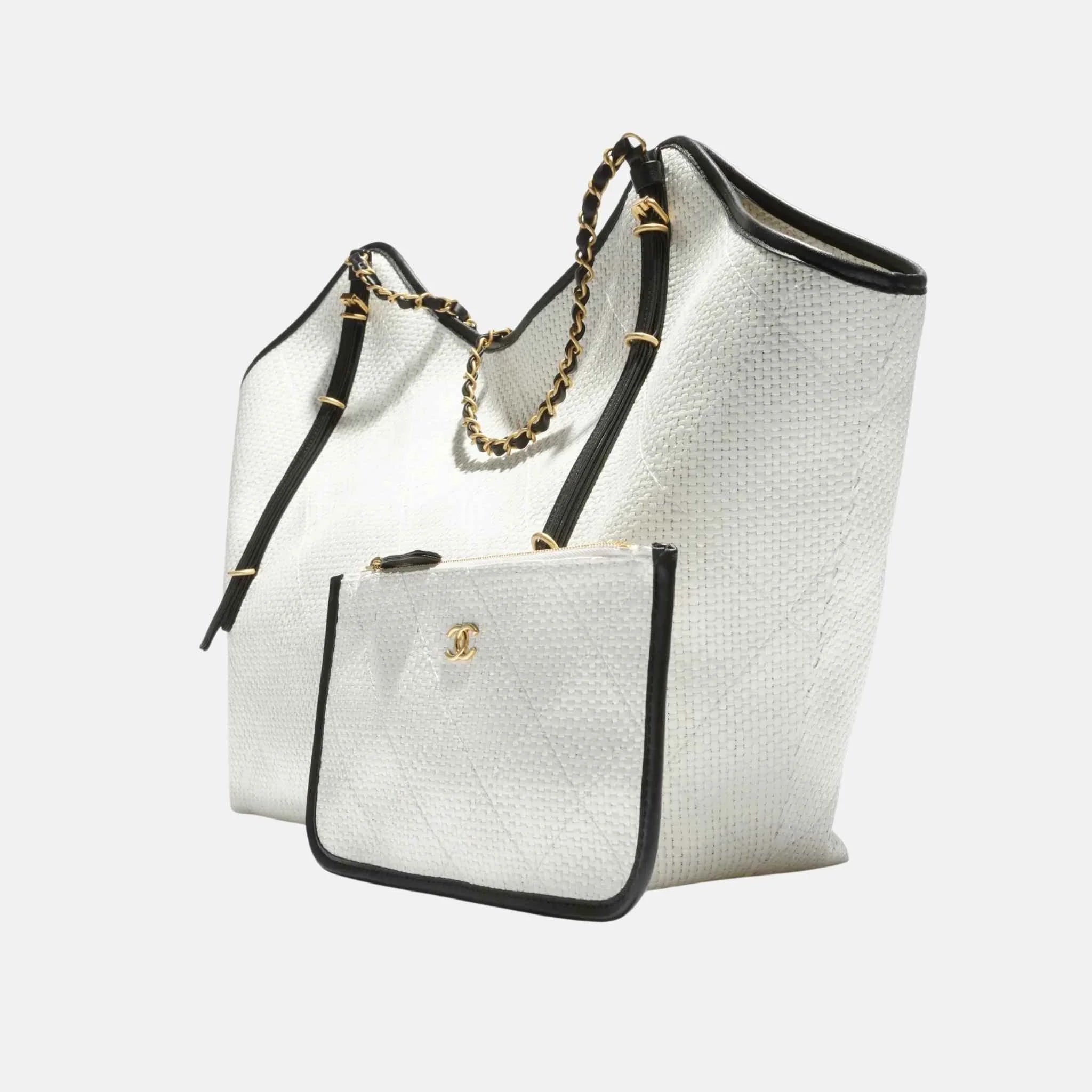 Chanel Maxi Shopping Bag Braided Raffia Calfskin Gold Tone Metal, White, Side