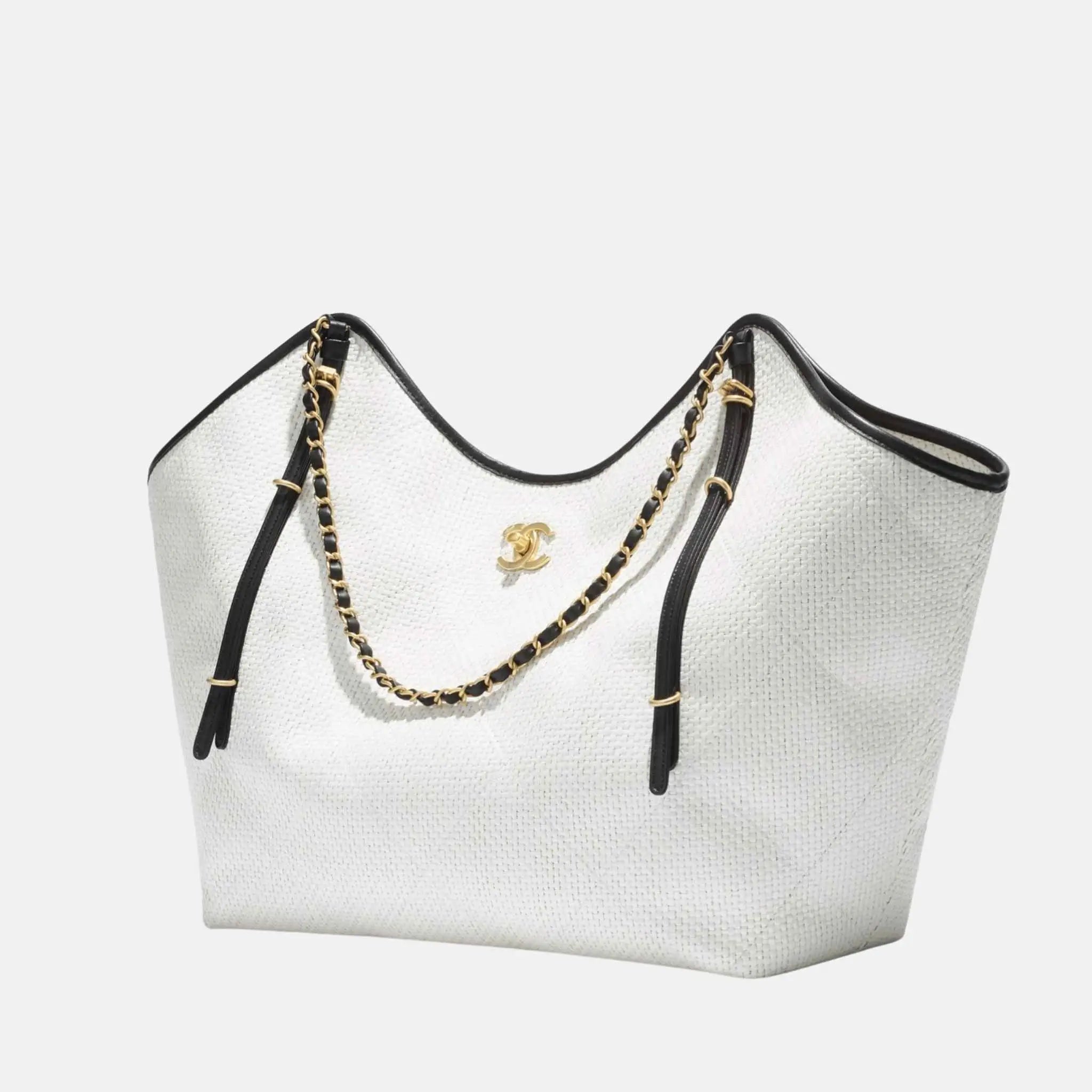 Chanel Maxi Shopping Bag Braided Raffia Calfskin Gold Tone Metal, White, Side