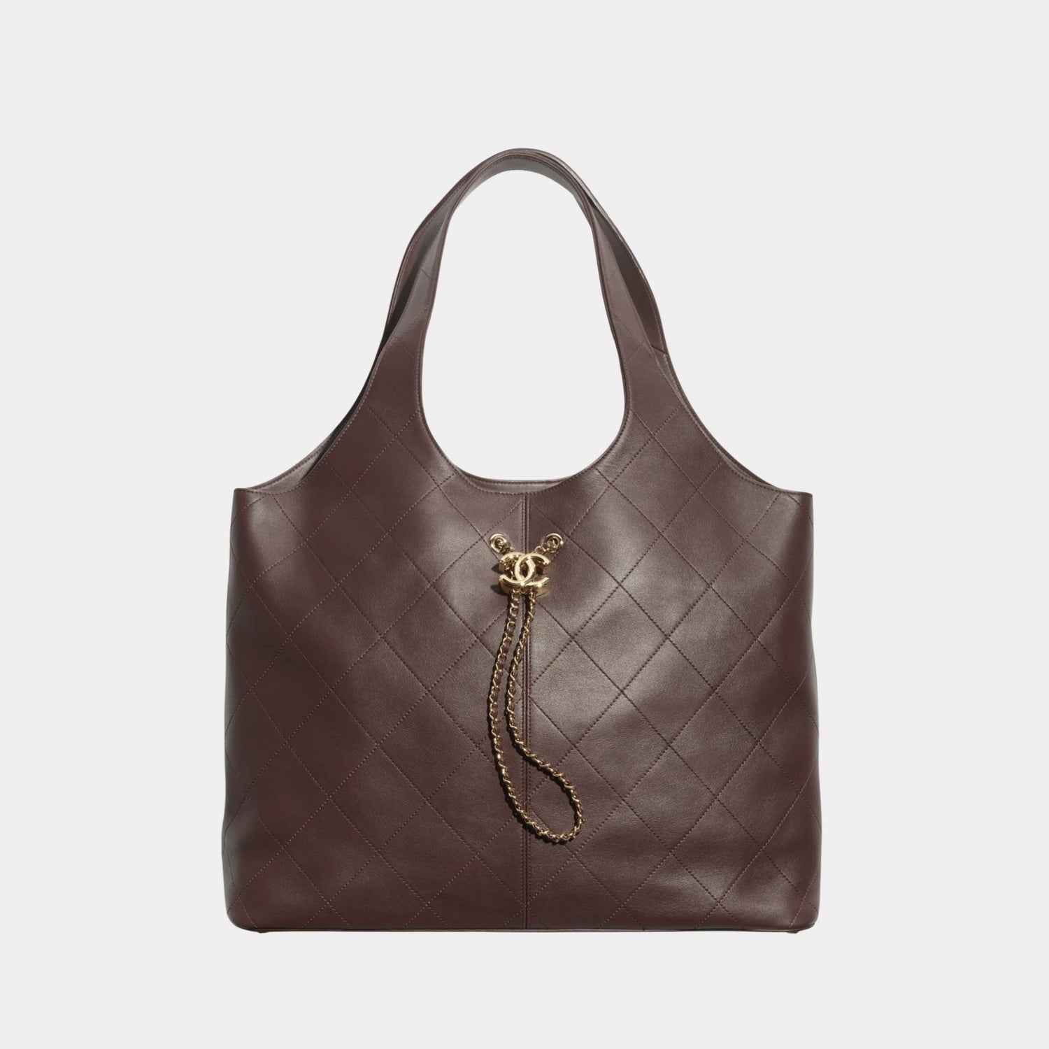 Maxi Shopping Bag Calfskin &amp; Gold Tone Metal Dark Brown, Front 