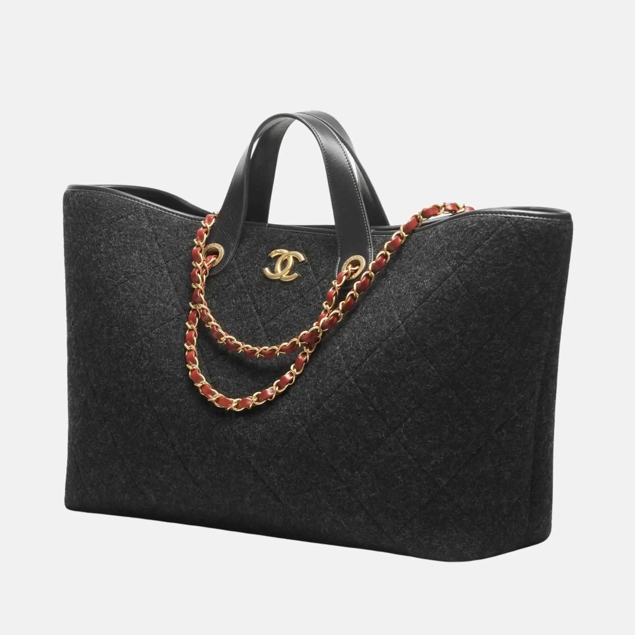 Chanel Maxi Shopping Bag Wool Dark Grey Gold Tone Metal, Front