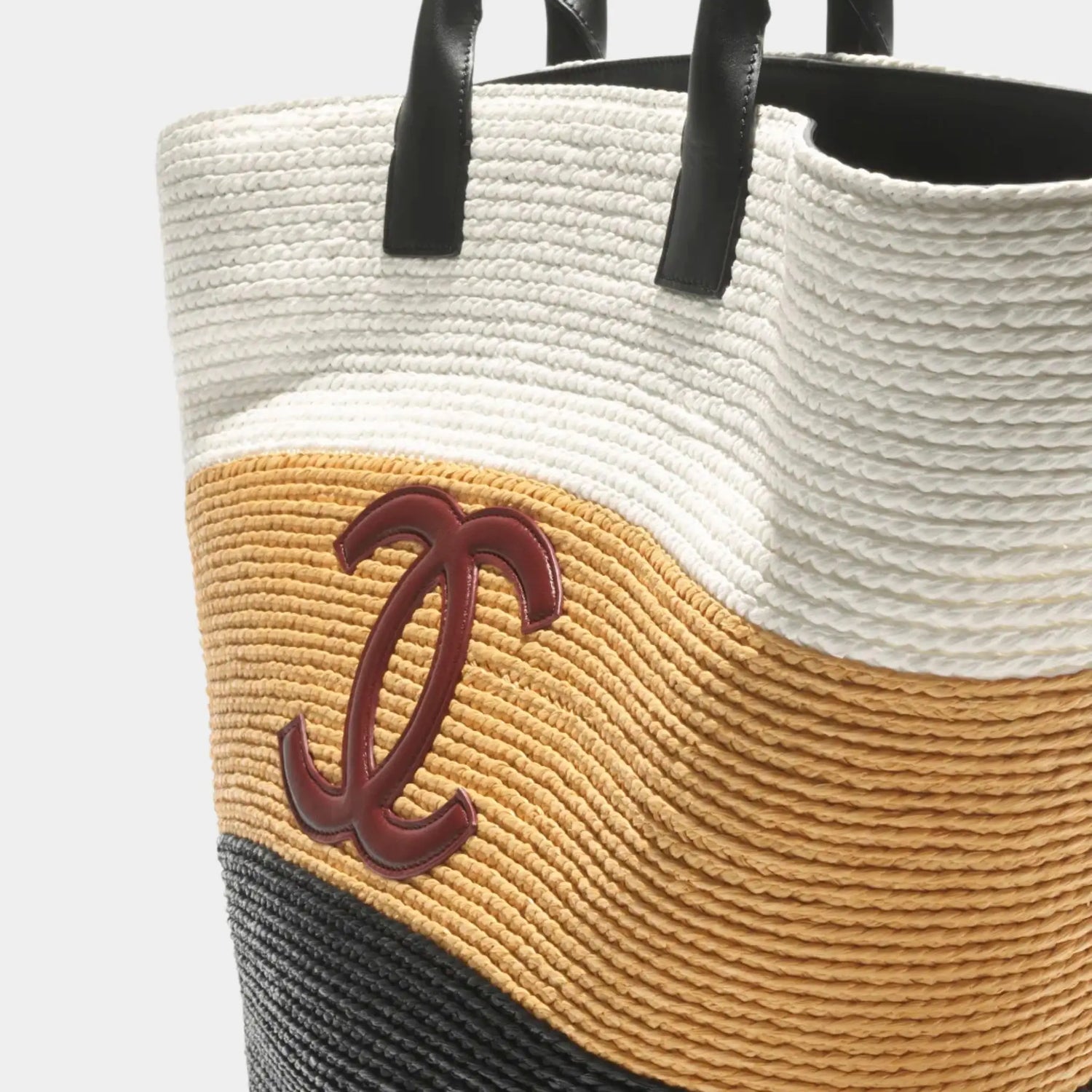 Maxi Tote Bag Braided Raffia &amp; Calfskin White Dark Beige &amp; Black