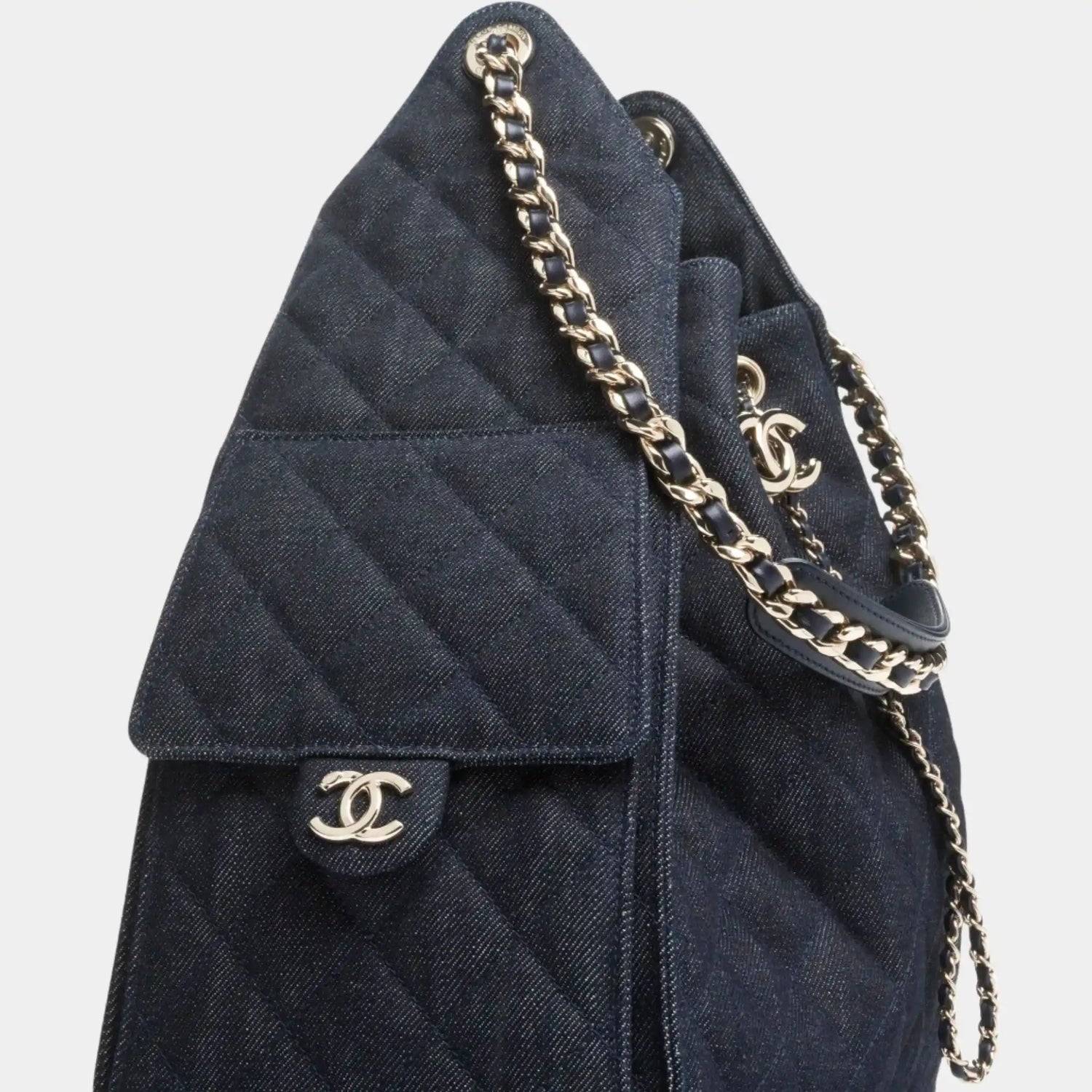 Chanel Medium 25 Bag Denim &amp; Gold Metal Dark Blue, side