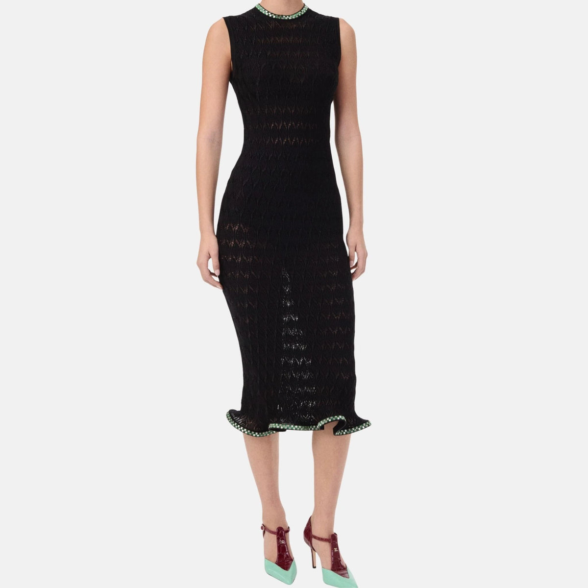 Midi Dress Embroidered Silk in Black Silver and Green