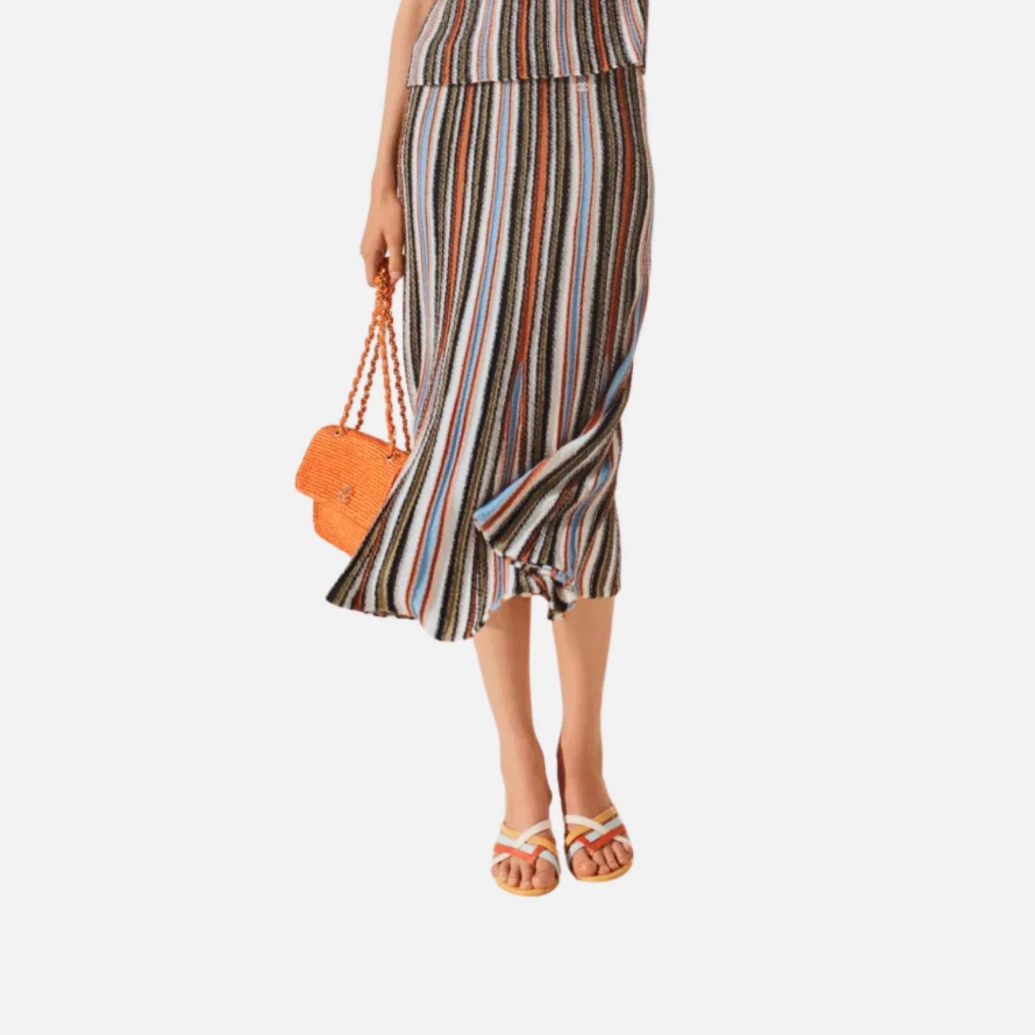 Chanel Midi Skirt Cotton Khaki Blue Orange, Front