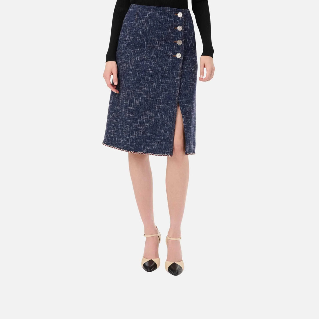 Chanel Midi Skirt Cotton Mixed Fibers Dark Blue White