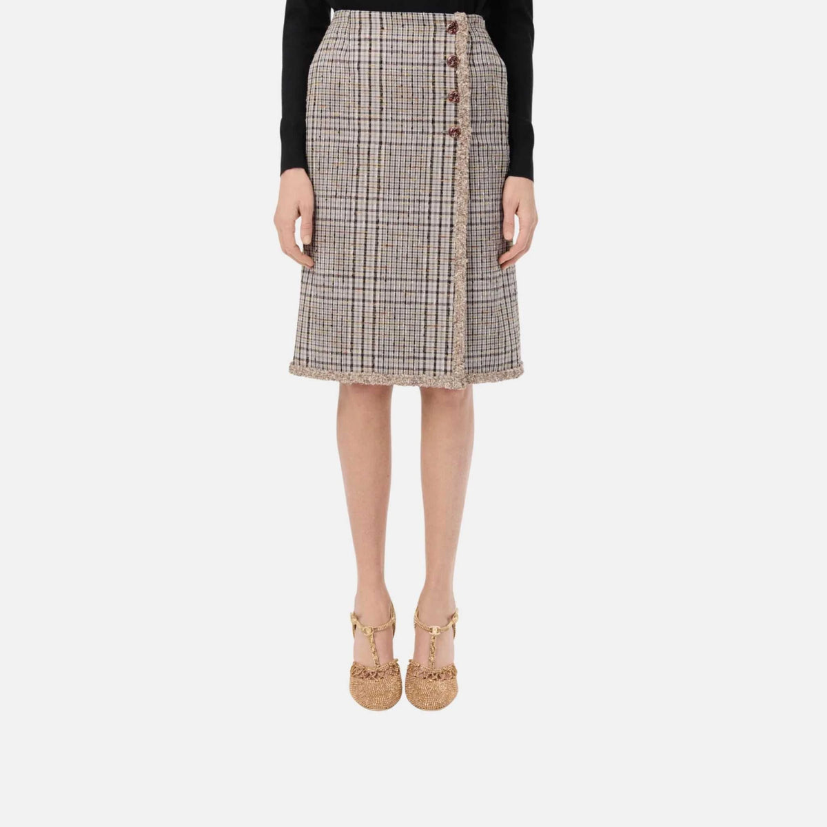 Midi Skirt Cotton Tweed in Beige Brown and Black