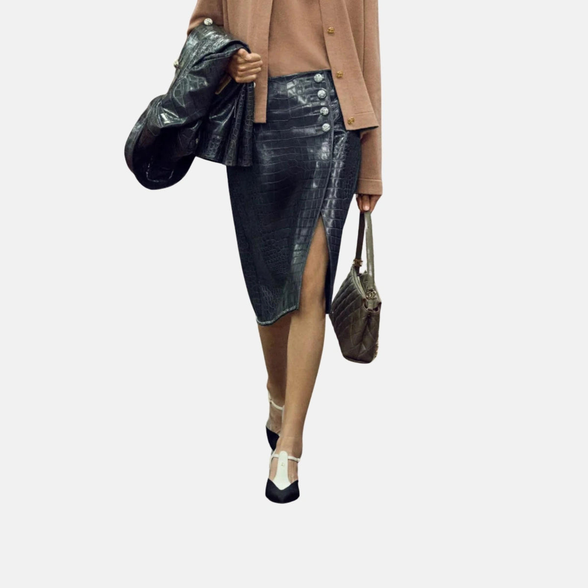 Midi Skirt Embossed Calfskin in Charcoal