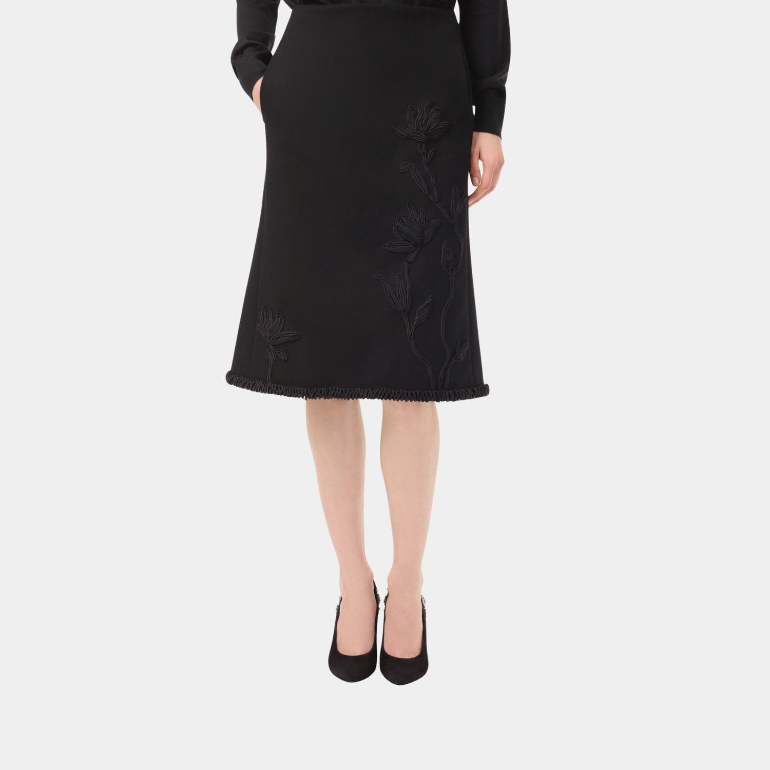 Chanel Midi Skirt Embroidered Cotton &amp; Silk Mixed Fabrics in Black, Front