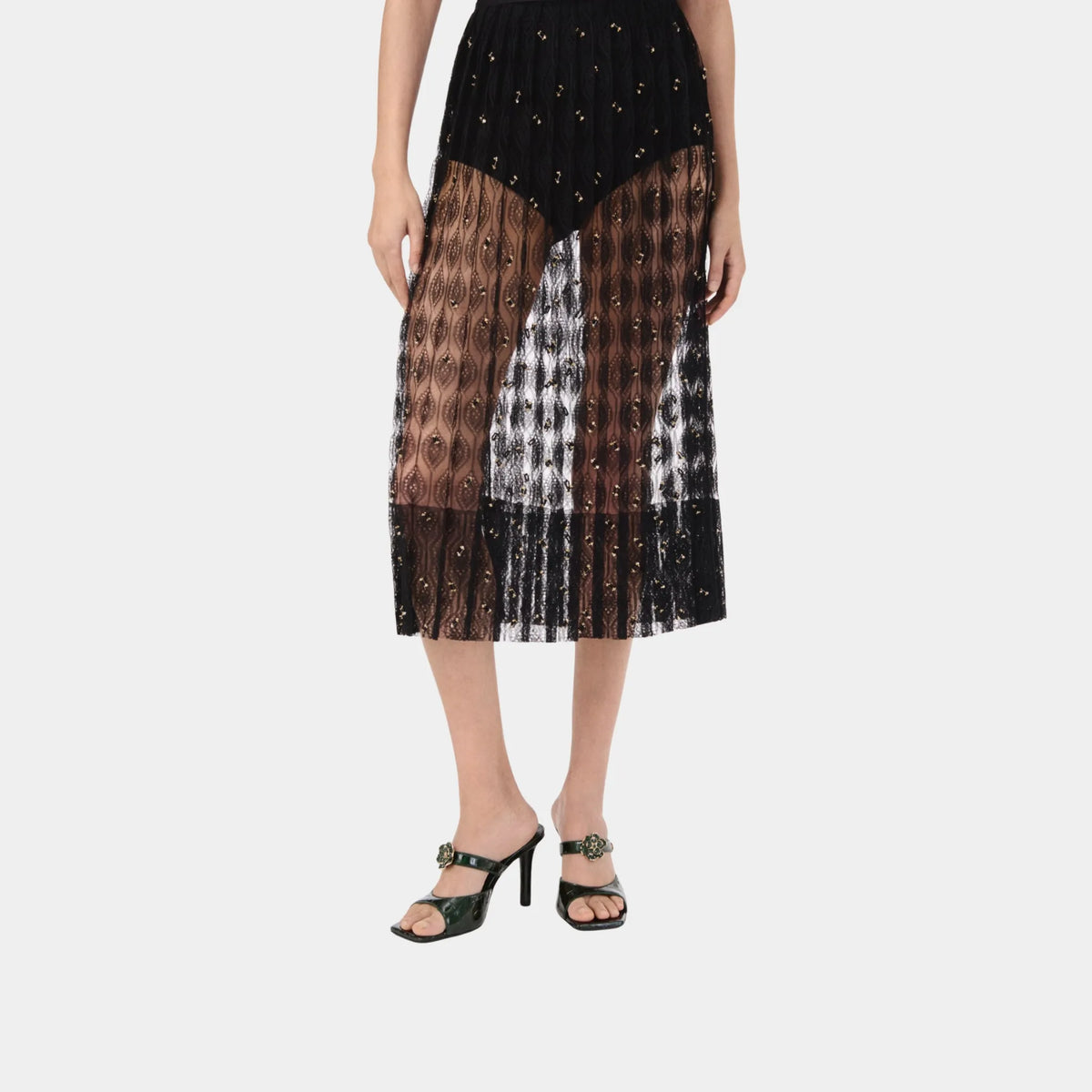 Midi Skirt in Black Embroidered Silk