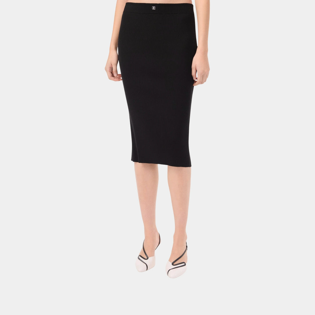 Chanel Midi Skirt in Black Wool &amp; Silk, Black, Front