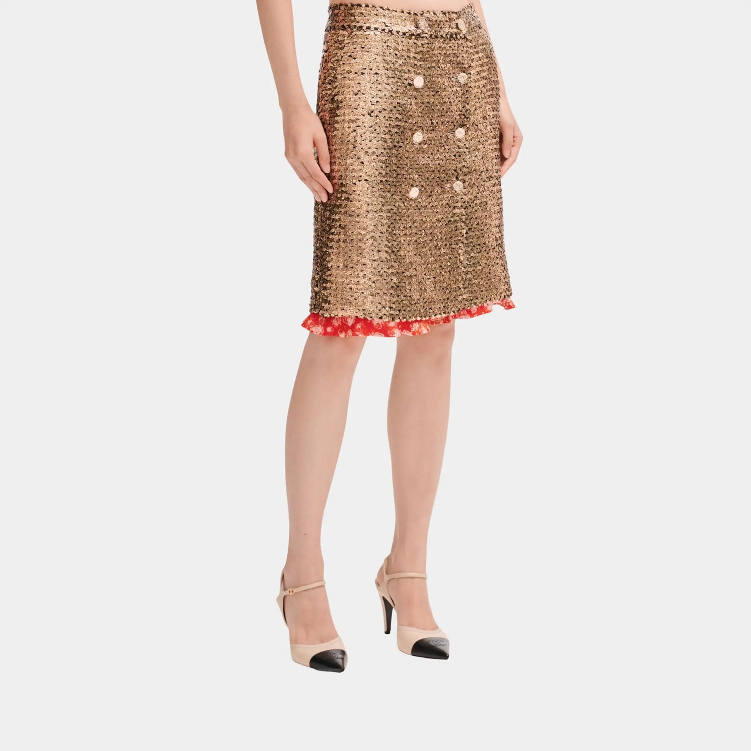 Chanel Midi Skirt in Gold and Black Glitters, Front