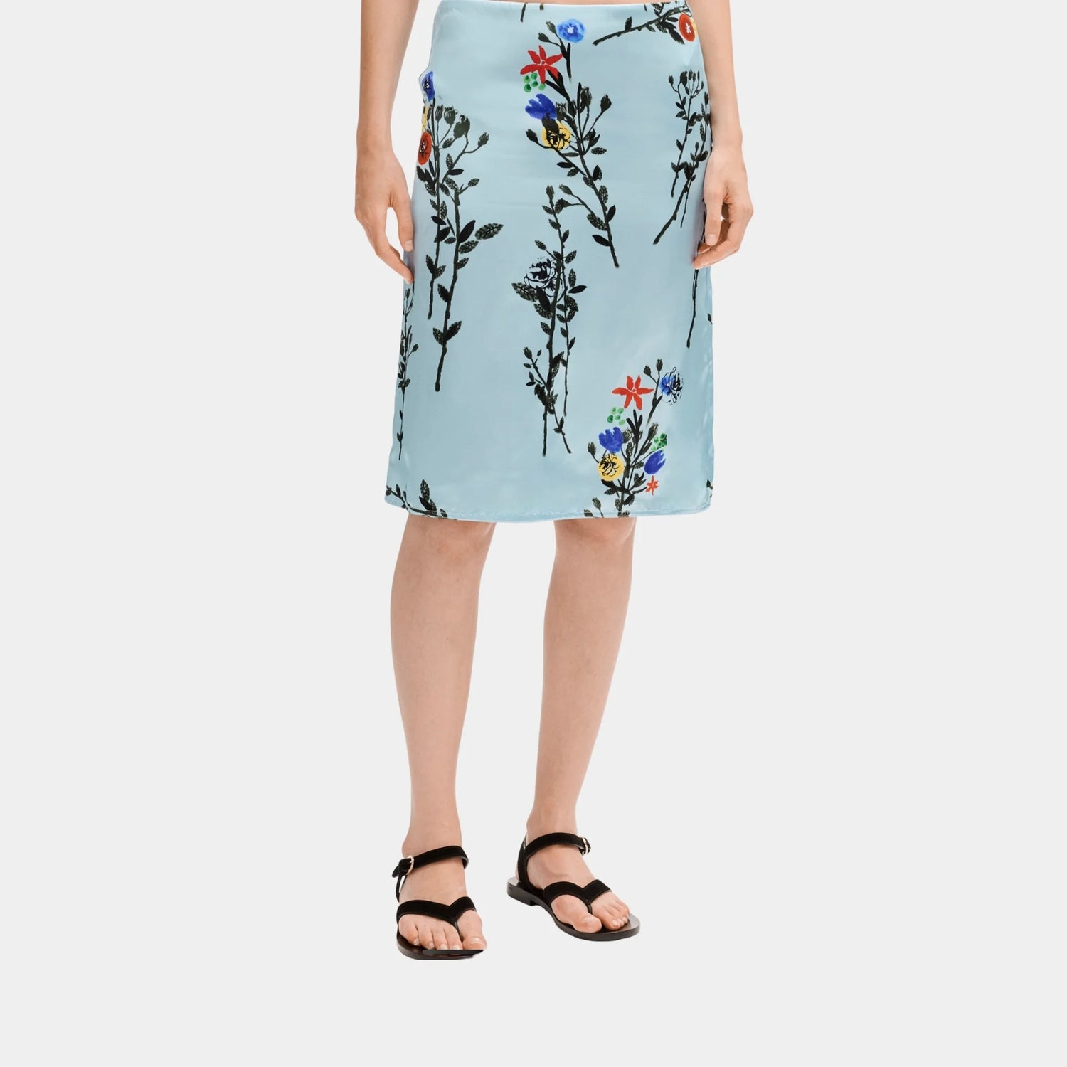 Chanel Midi Skirt in Printed Silk Satin, Blue, Front