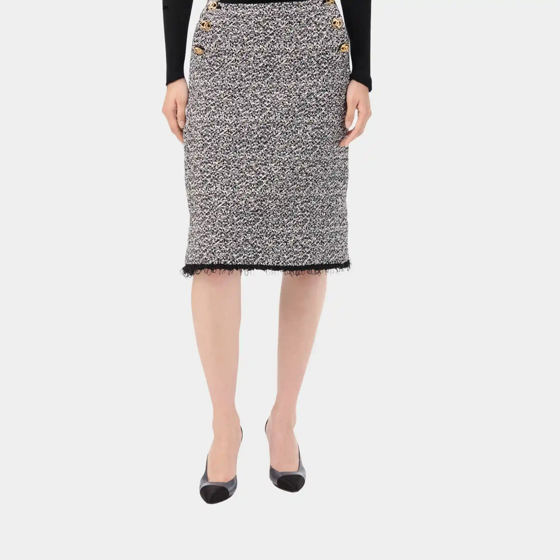 Chanel Midi Skirt in White & Black Cotton, Front
