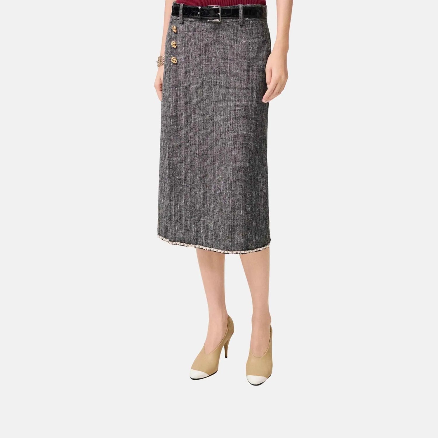 Chanel Midi Skirt in Mixed Fibres Dark Grey