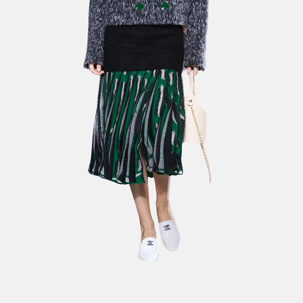 Chanel Midi Skirt Mixed Fibres in Green White and Black