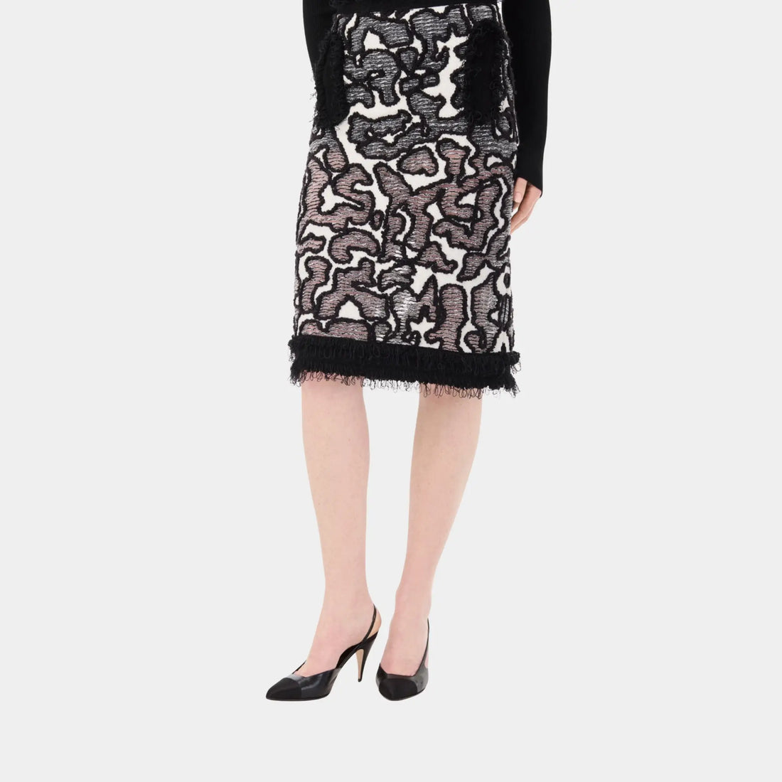 Chanel Midi Skirt Silk & Cotton in Black & White, Front