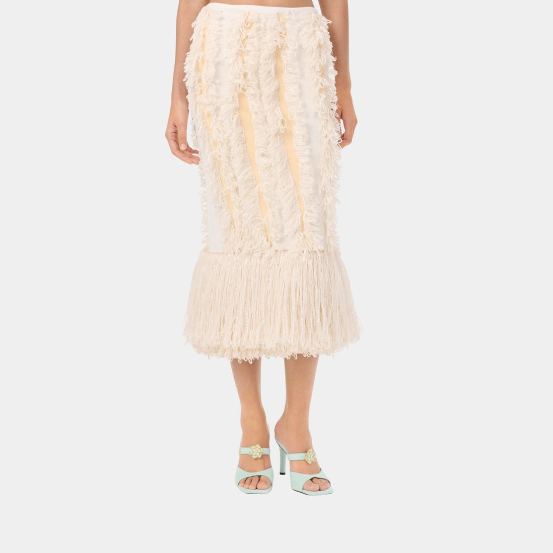 Chanel Midi Skirt Silk & Mixed Fibres in Ecru & White, Front