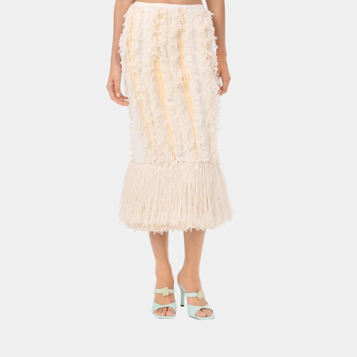 Chanel Midi Skirt Silk &amp; Mixed Fibres in Ecru &amp; White, Front