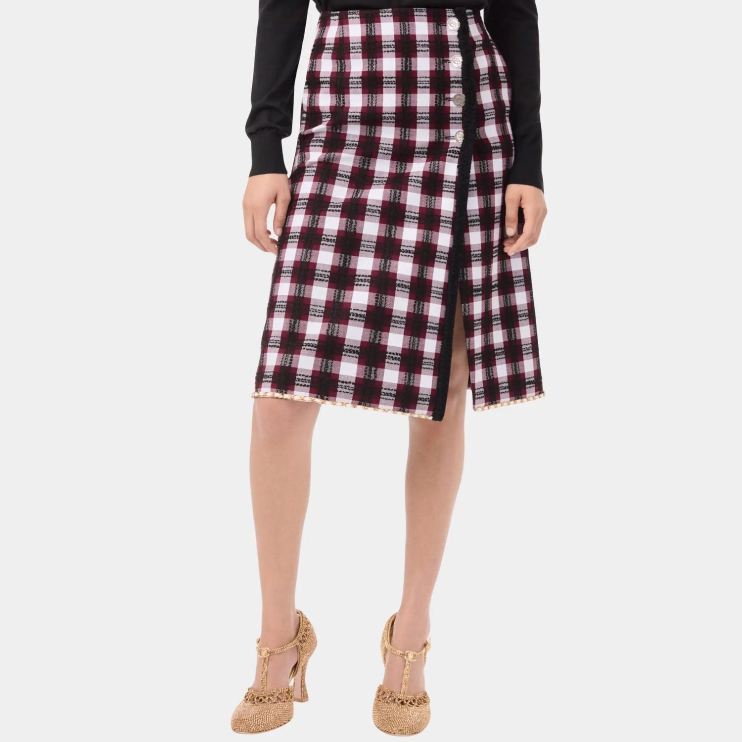 Chanel Midi Skirt Tweed in Burgundy &amp; White Black, Front