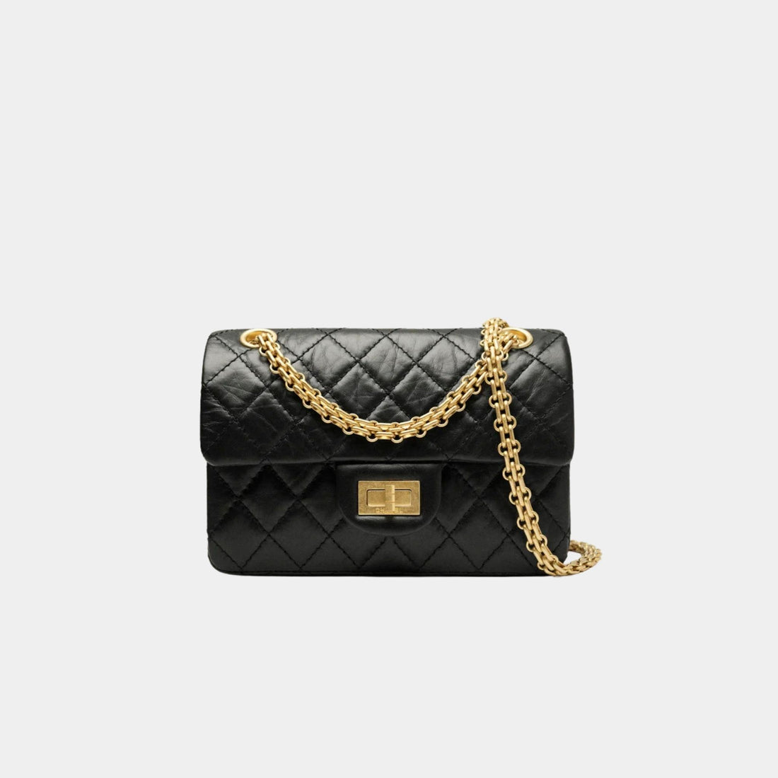 Chanel Mini 2.55 Handbag Aged Calfskin Gold Tone Metal Black, Front