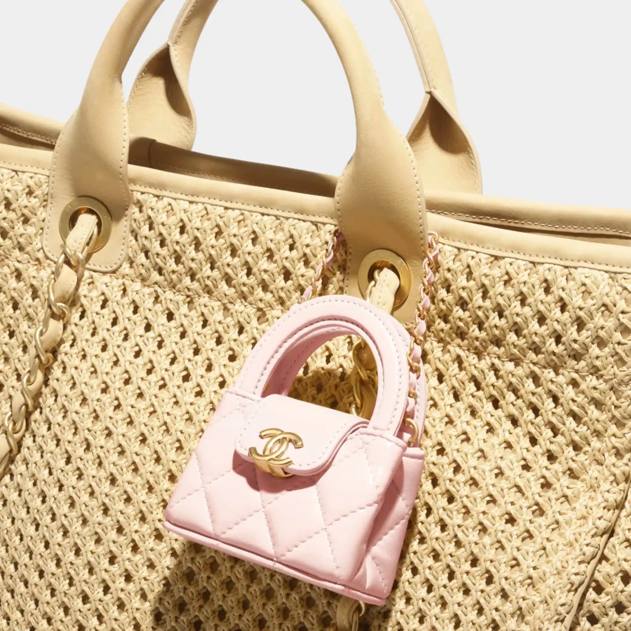 Chanel Mini Bag Charm Shiny Lambskin &amp; Gold-Tone Metal, Light Pink, Close